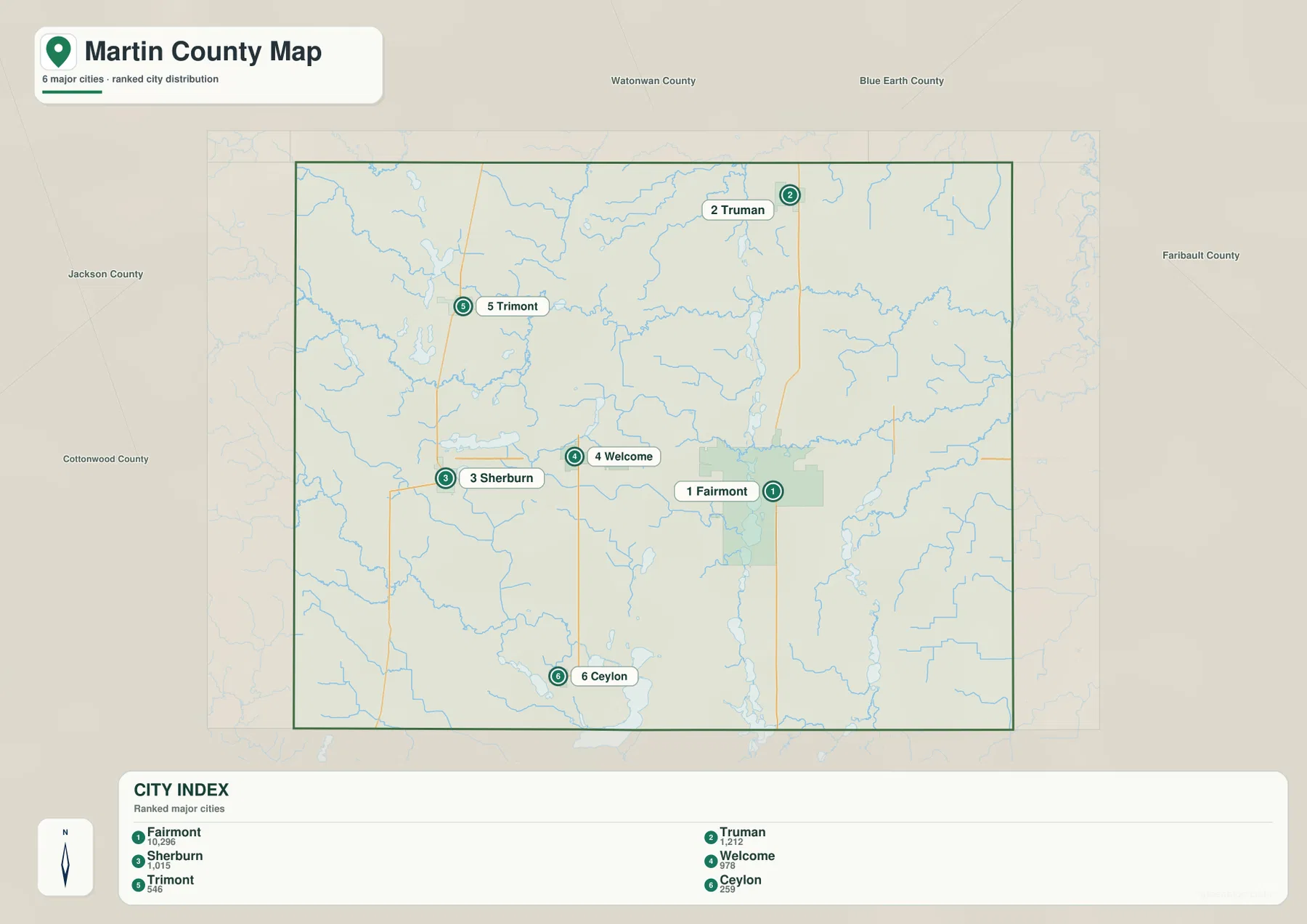 Martin County Minnesota major city distribution map