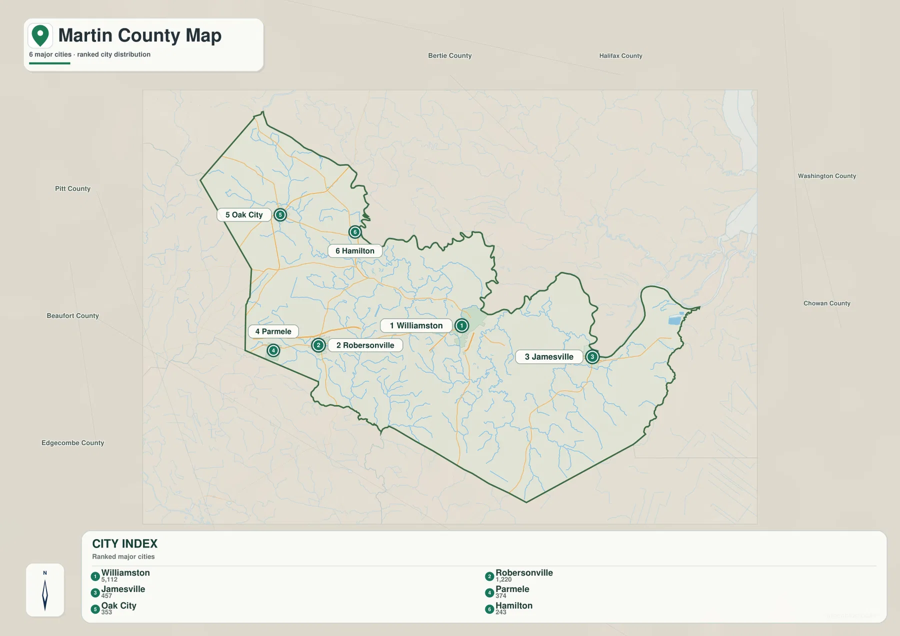 Martin County city distribution map Williamston Robersonville Jamesville Parmele Oak City Hamilton