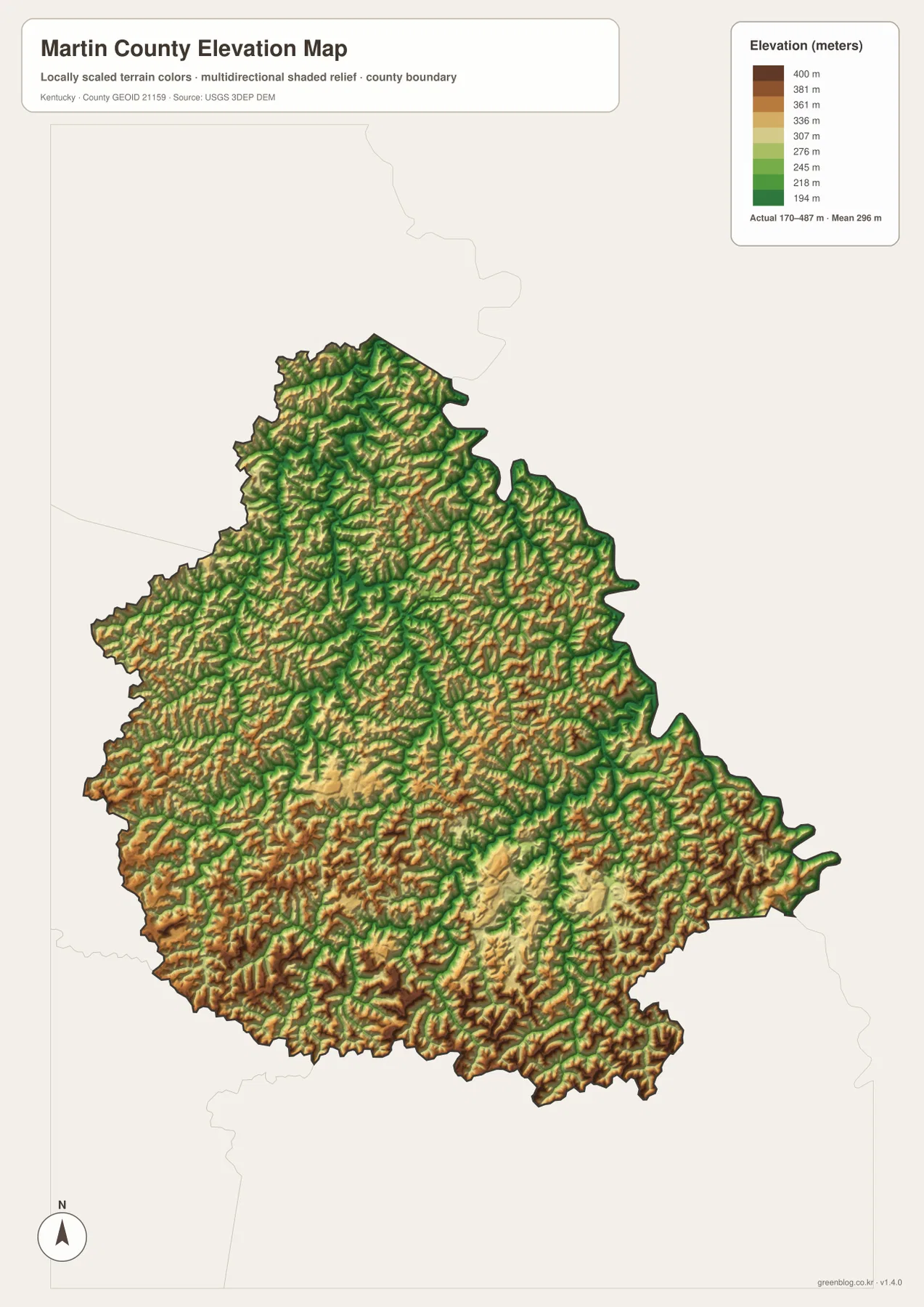 Martin County elevation map showing the 170 to 487 meter range, low stream valleys, and closely spaced high ridges