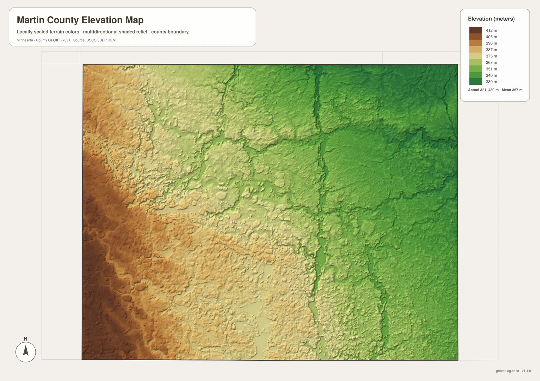 Martin County Minnesota elevation map showing higher western ground and lower eastern terrain