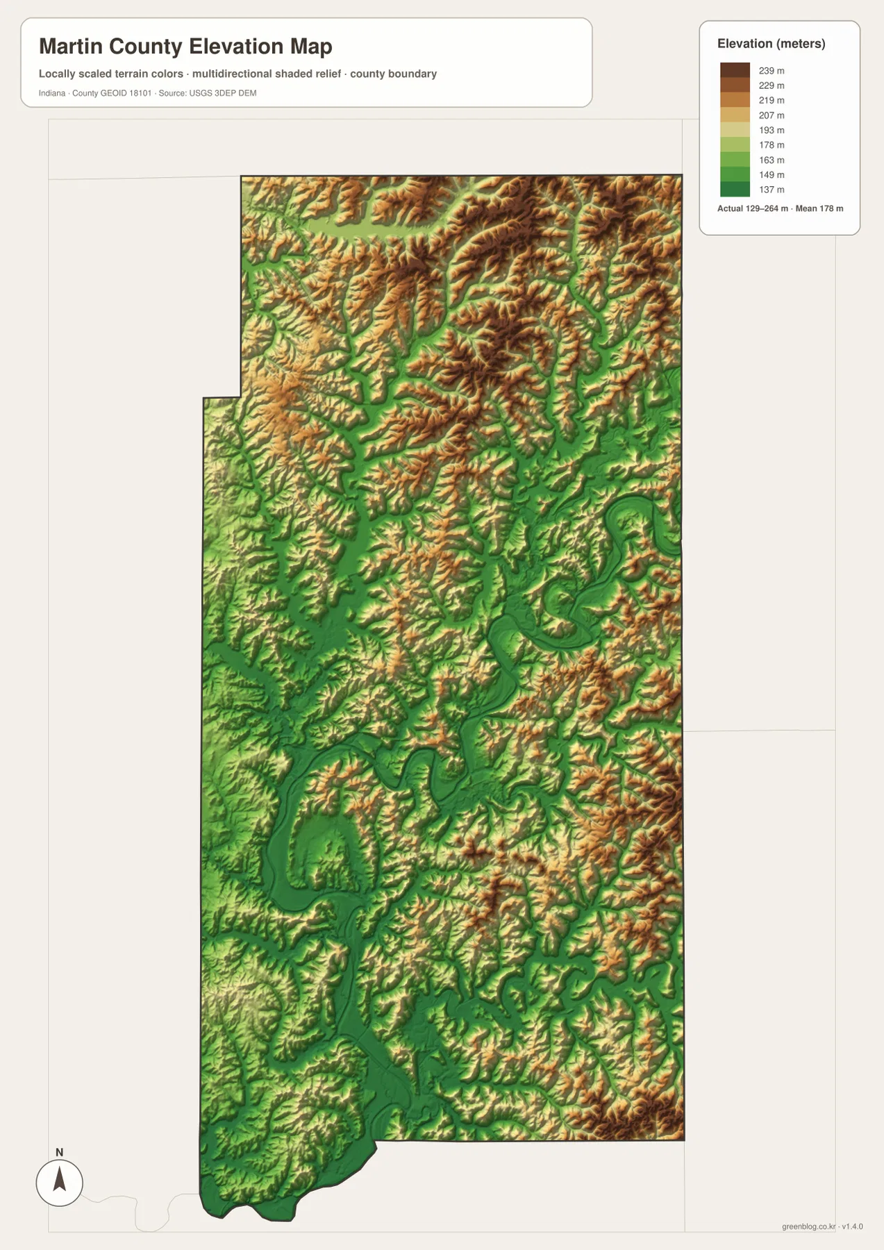 Martin County elevation map showing low green river valleys and high brown ridges across the north and east