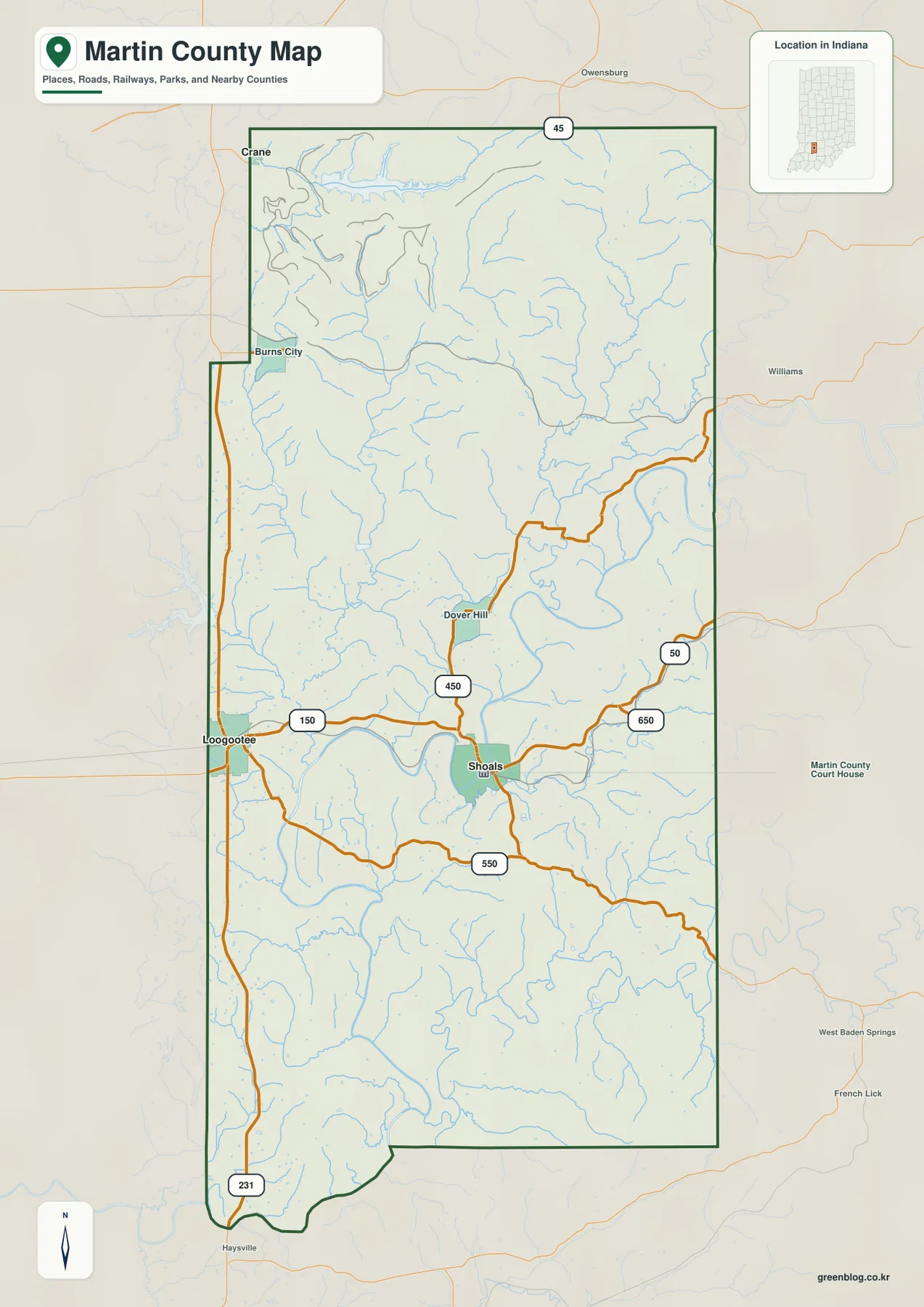 Martin County Indiana general map showing Loogootee, Shoals, Crane, Burns City, Dover Hill, U.S. 150, U.S. 231, and State Road 450
