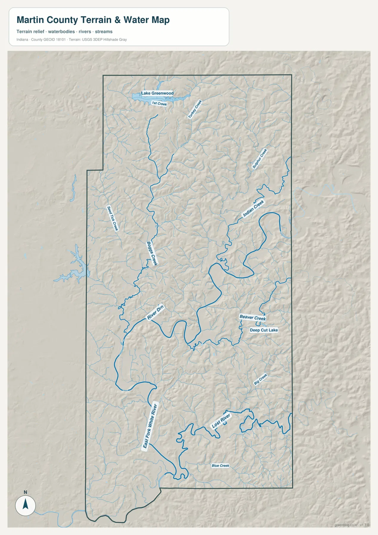 Martin County terrain and water map showing East Fork White River, Lost River, Boggs Creek, Indian Creek, Sulphur Creek, Turkey Creek, Beaver Creek, Lake Greenwood, and Deep Cut Lake