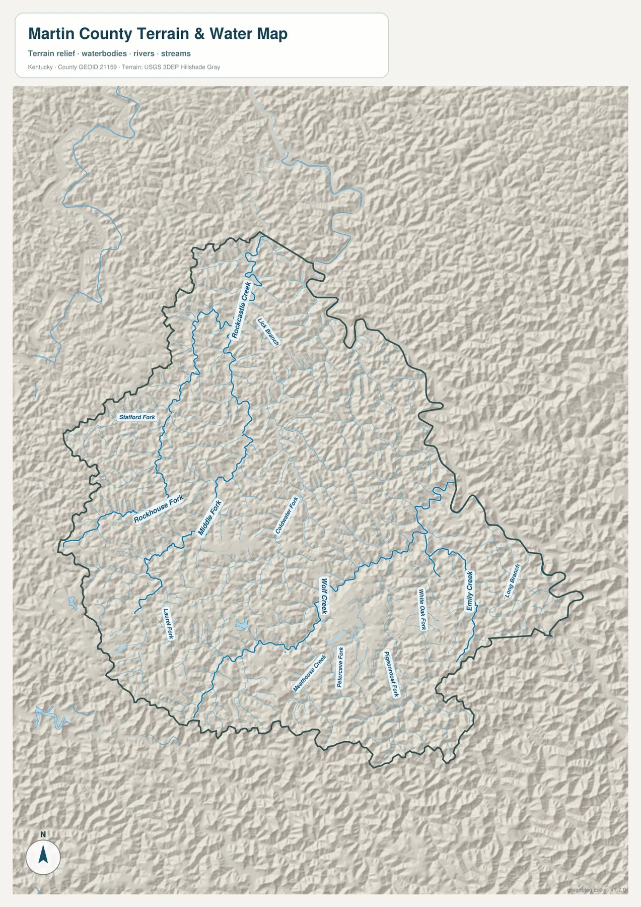 Martin County terrain and water map showing Rockcastle Creek, Stafford Fork, Rockhouse Fork, Middle Fork, Wolf Creek, Emily Creek, and other tributaries
