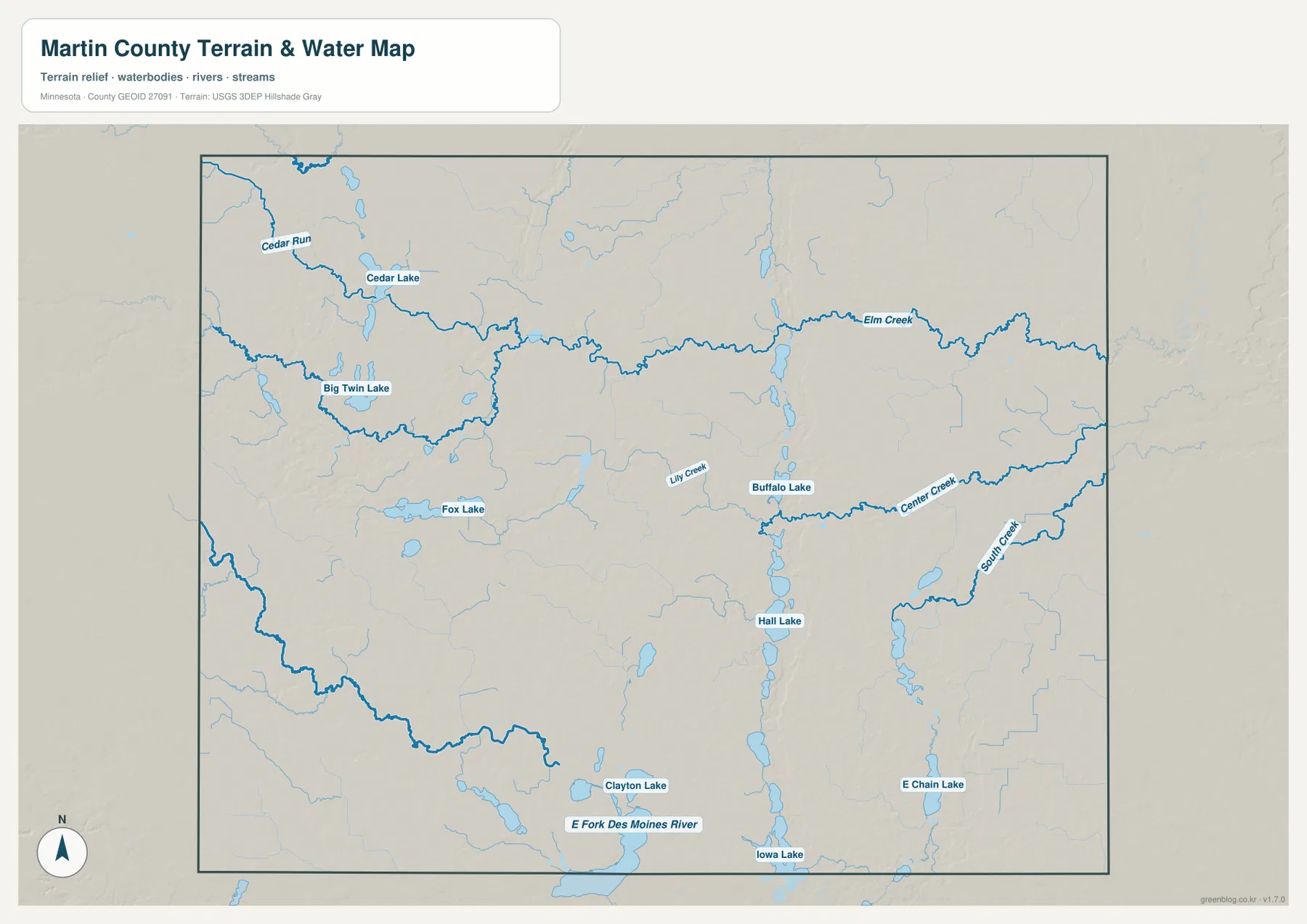 Martin County Minnesota terrain and water map with lakes, rivers, and streams