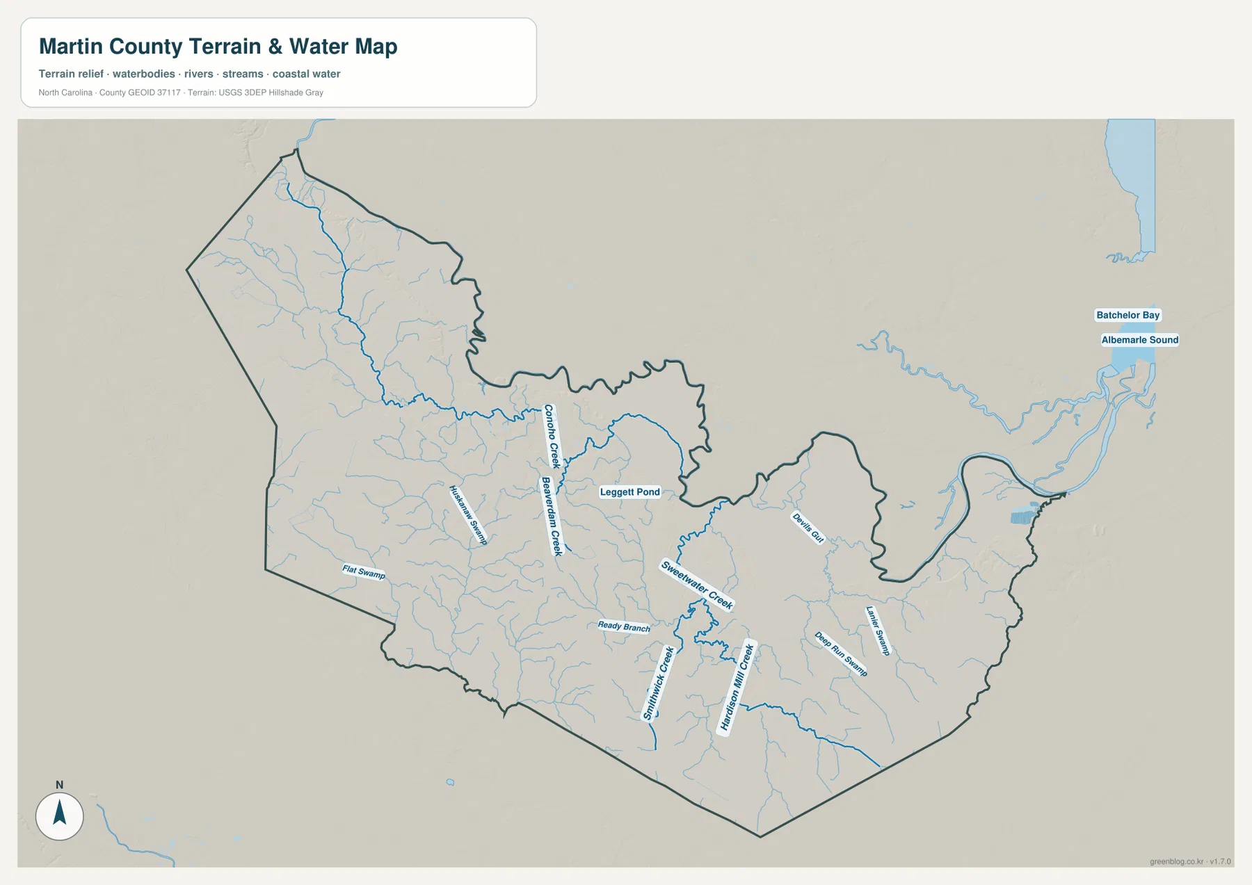 Martin County terrain water map Conoho Creek Sweetwater Creek Smithwick Creek swamps