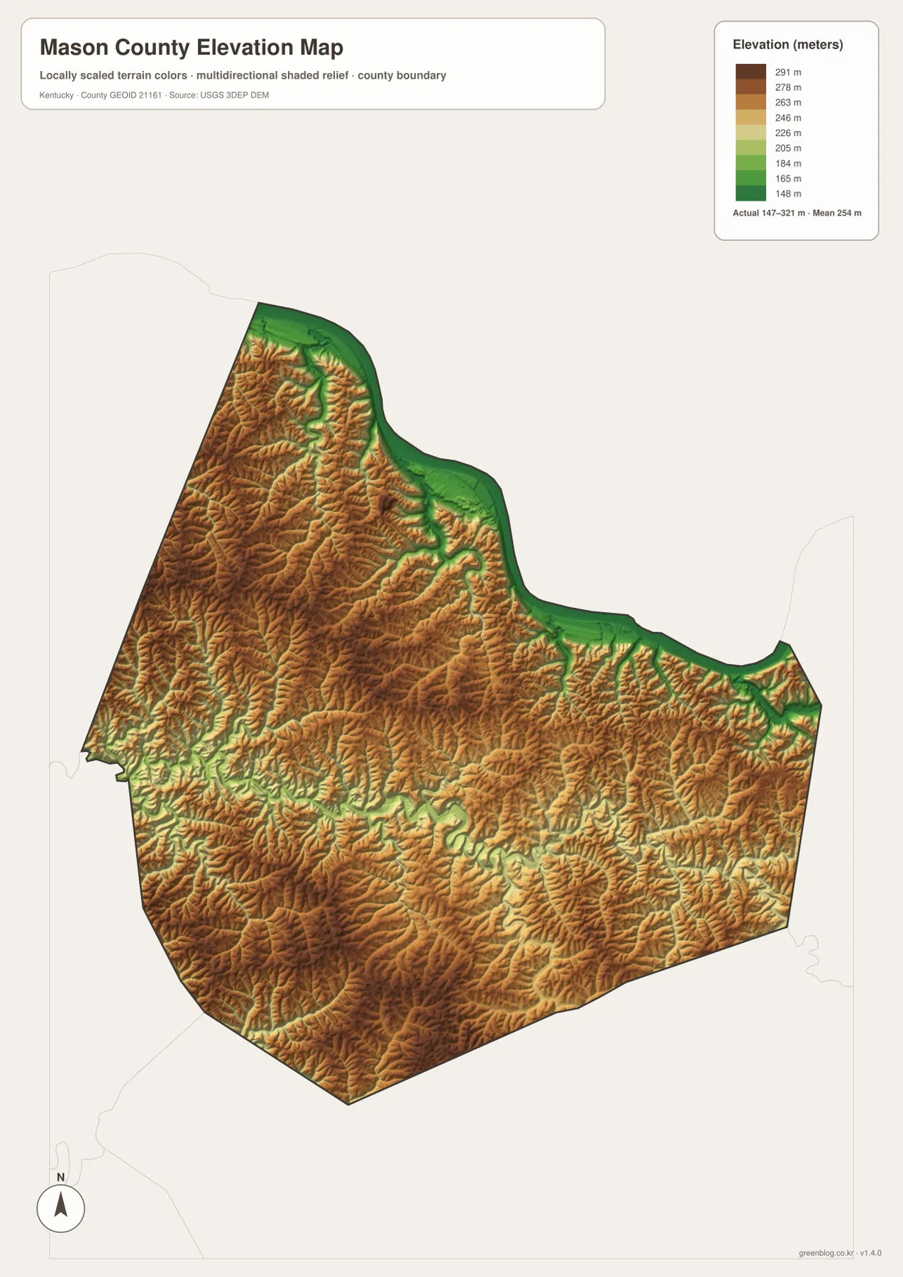 Mason County elevation map showing the 147 to 321 meter range, low Ohio River ground, tributary valleys, and higher interior ridges