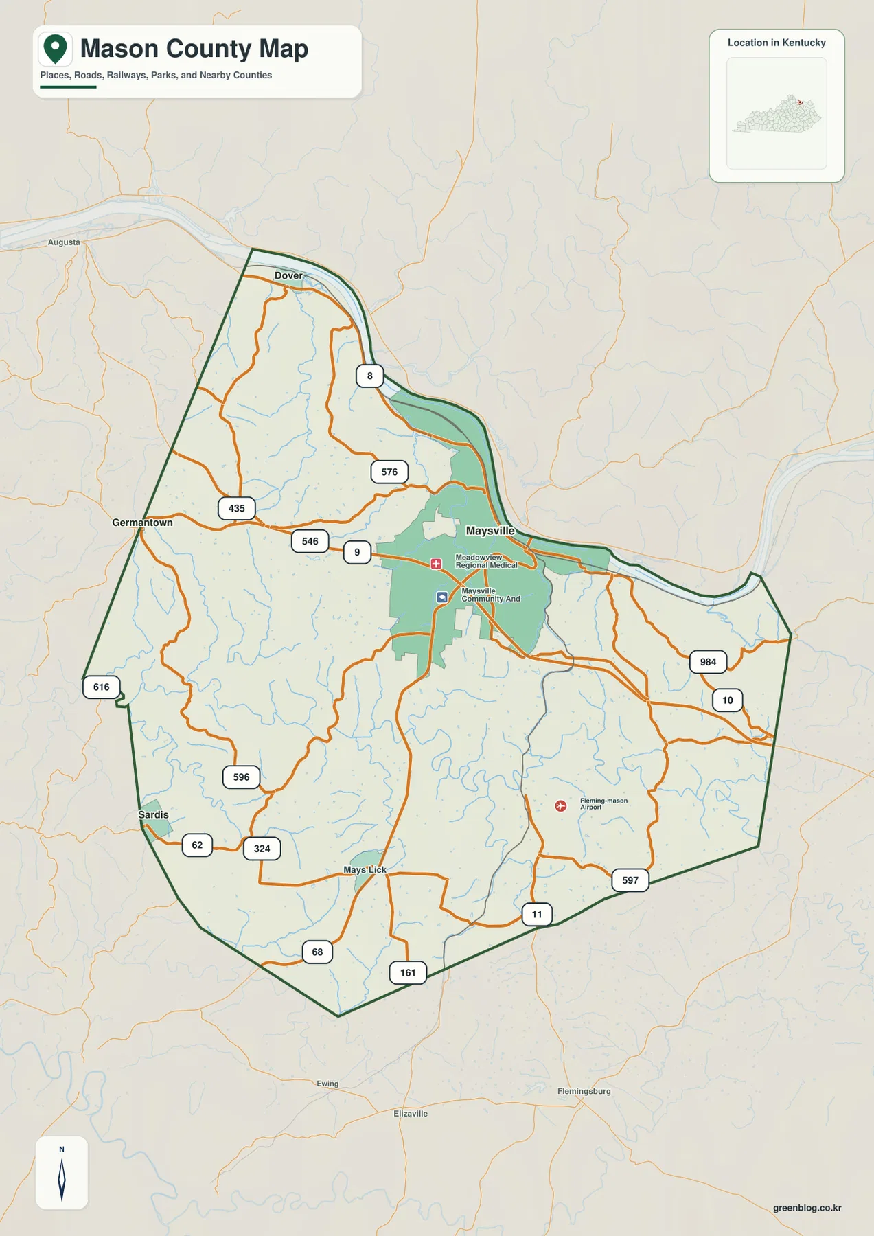 Mason County Kentucky map showing Maysville, Dover, Sardis, Mays Lick, major roads, and the Ohio River boundary