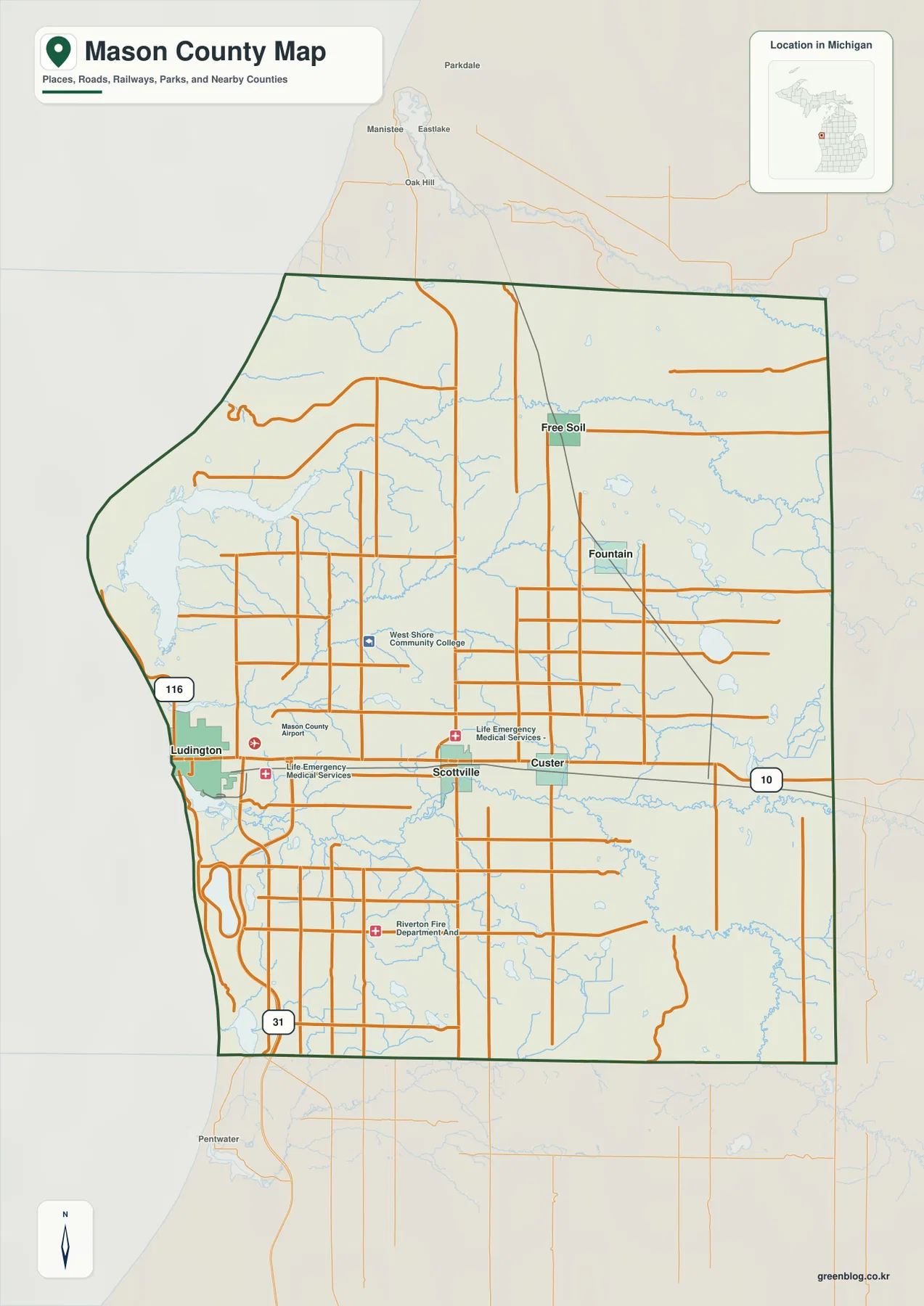 미시간주 메이슨 카운티 지도 – Ludington, Scottville, Custer, Fountain, Free Soil, US-10, US-31, M-116