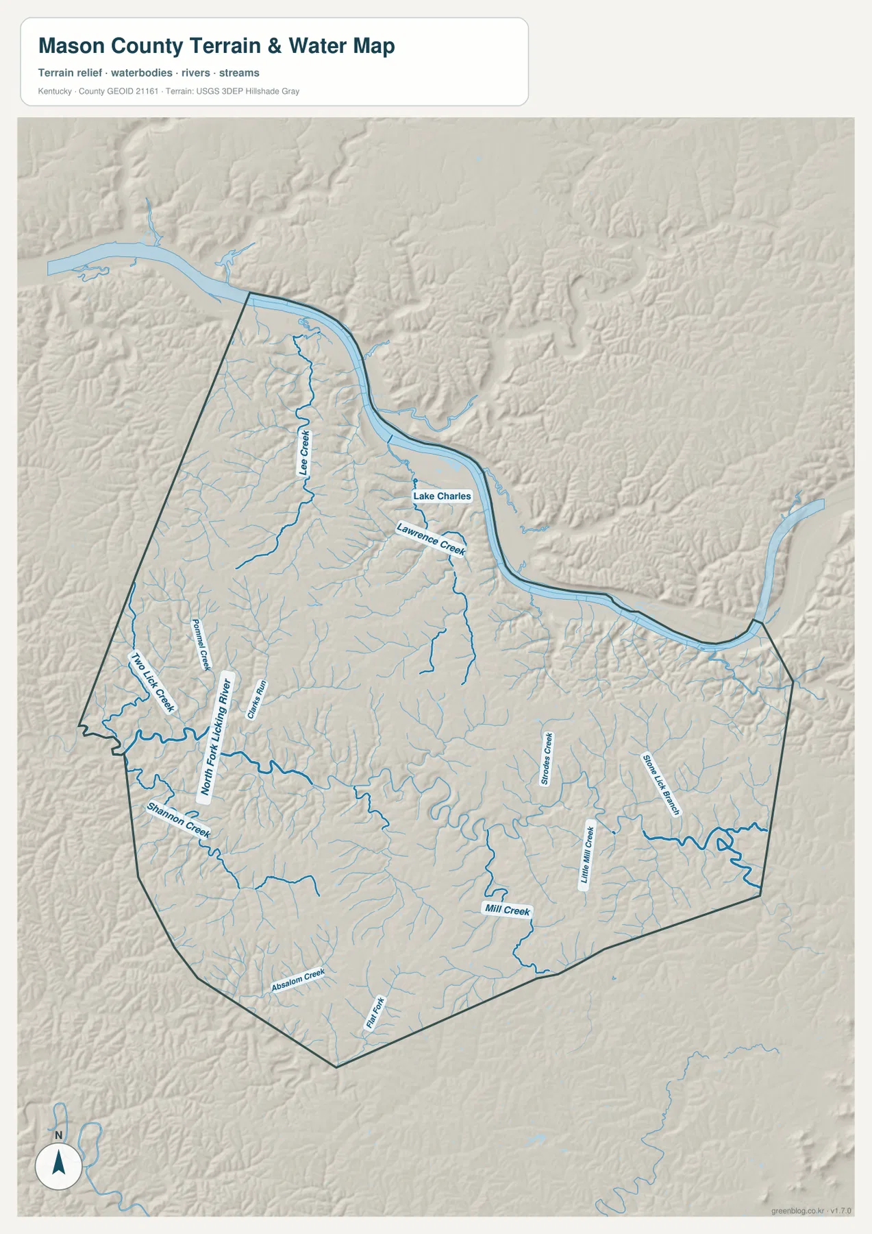 Mason County terrain and water map showing the Ohio River, Lee Creek, Lawrence Creek, North Fork Licking River, Two Lick Creek, Mill Creek, and other tributaries