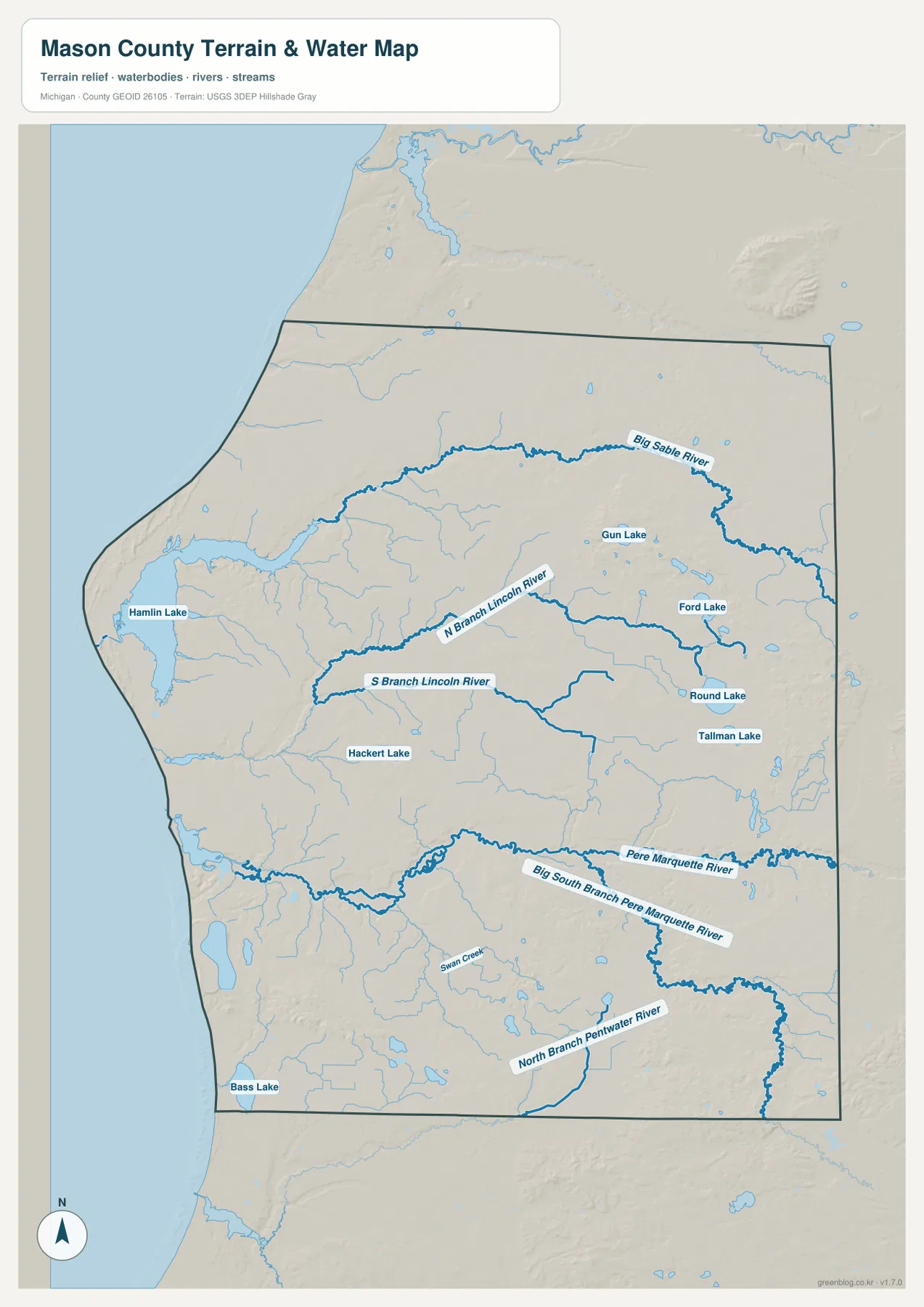 메이슨 카운티 수역 지도 – Hamlin Lake, Big Sable River, Lincoln River, Pere Marquette River, Pentwater River