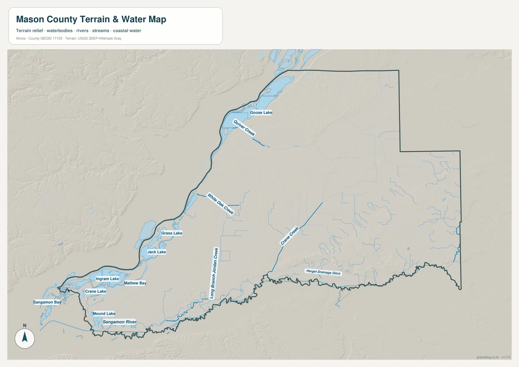 Goose Lake, Quiver Creek, White Oak Creek, Grass Lake, Jack Lake, Crane Lake, Sangamon River를 보여 주는 Mason County 수역 지도