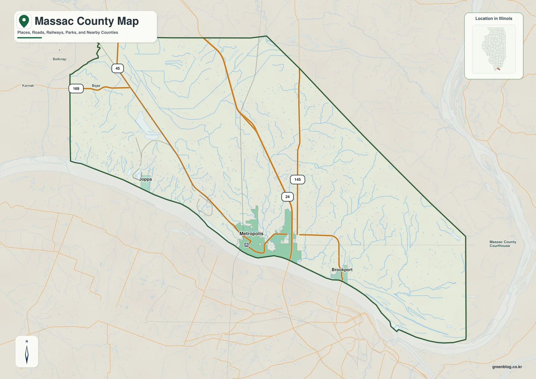 Metropolis, Brookport, Joppa, Boaz와 Ohio River, 주요 도로를 보여 주는 일리노이주 Massac County 지도
