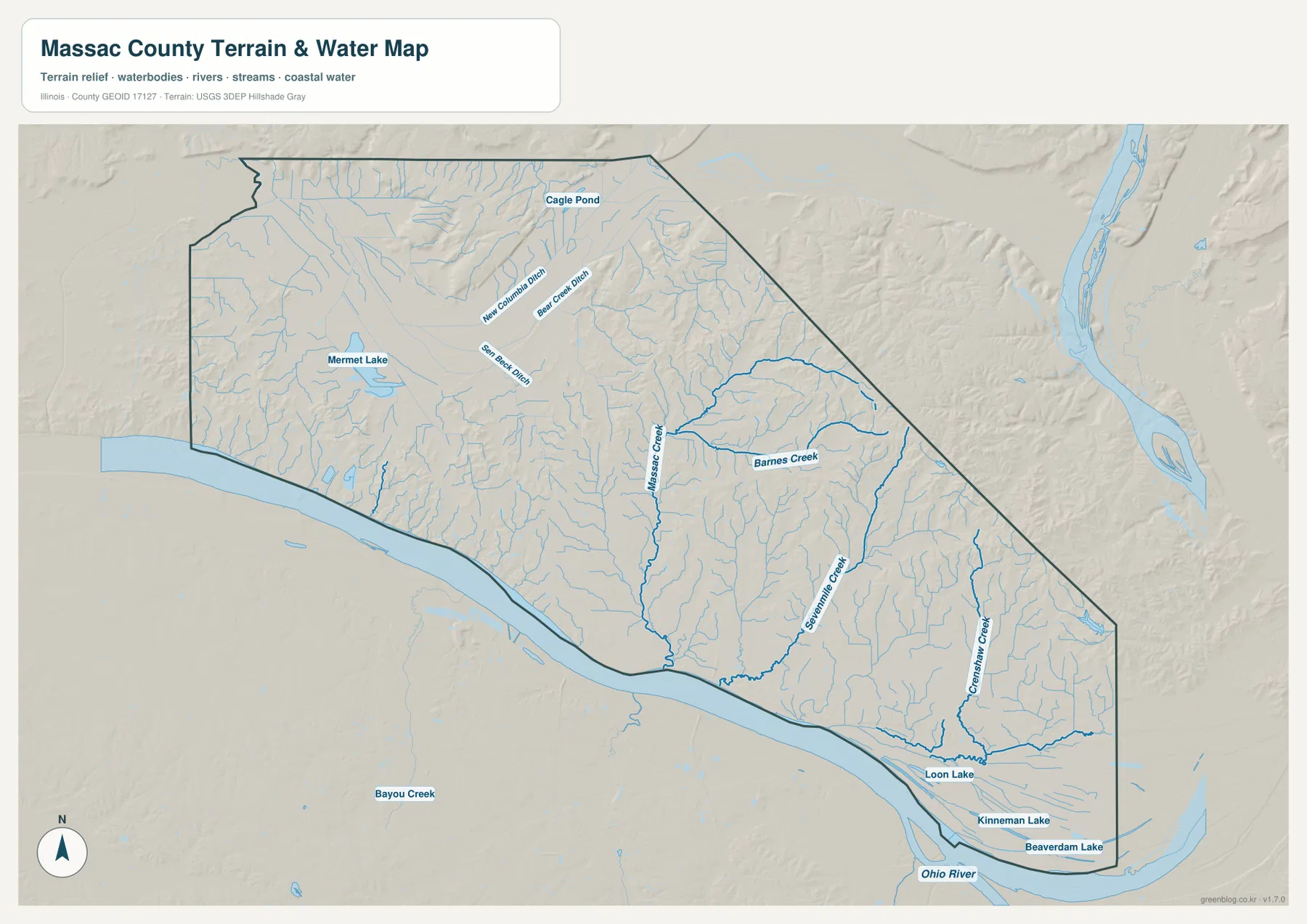 Ohio River, Massac Creek, Barnes Creek, Sevenmile Creek, Constant Creek, Mermet Lake를 보여 주는 Massac County 수역 지도
