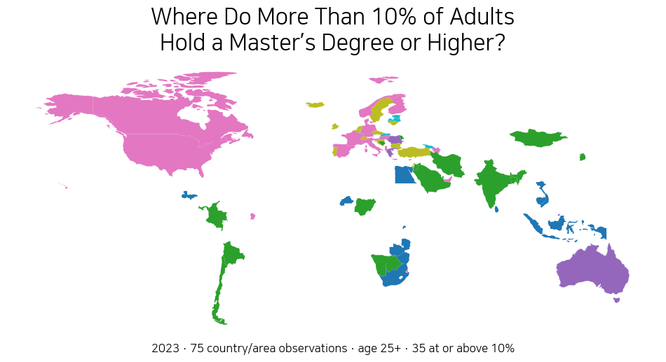 World map of the percentage of adults age 25 and older with a Master’s degree or equivalent or higher in 2023
