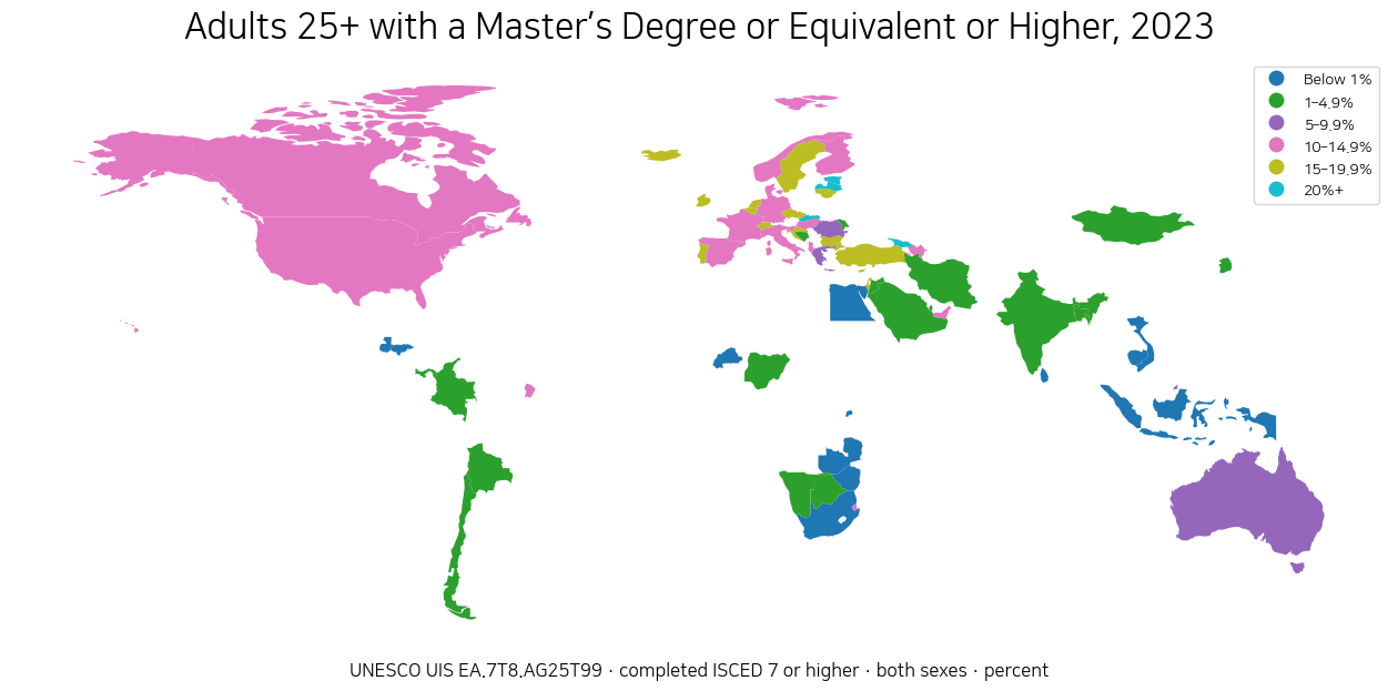 World map of the percentage of adults age 25 and older who completed a Master’s degree or equivalent or higher in 2023