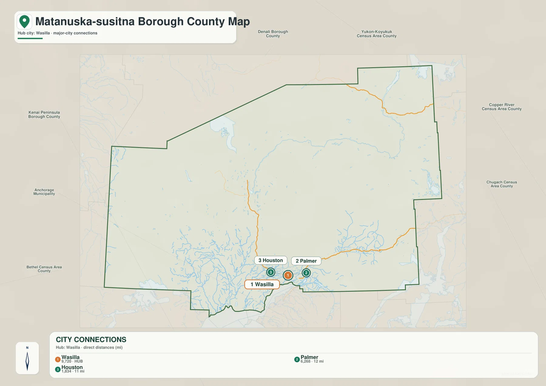 Matanuska-Susitna Borough city connections map
