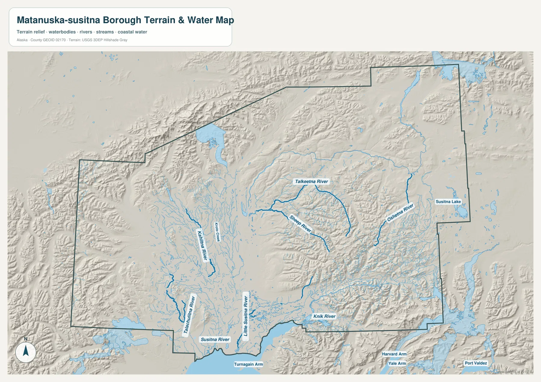 Matanuska-Susitna Borough terrain and water map