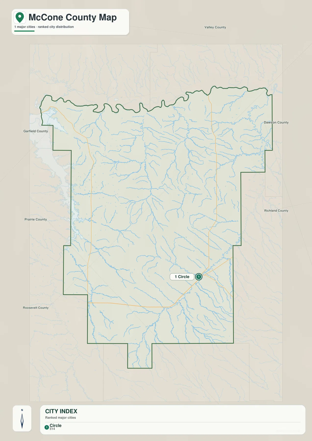 McCone County city map showing Circle as the only ranked city
