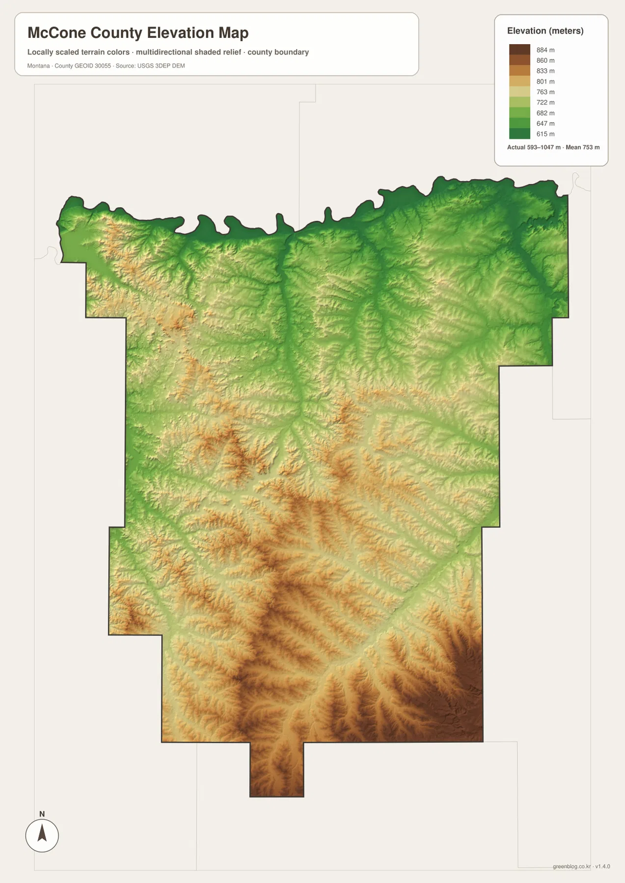 McCone County Montana elevation map showing an actual range of 593 to 1047 meters and a mean of 753 meters