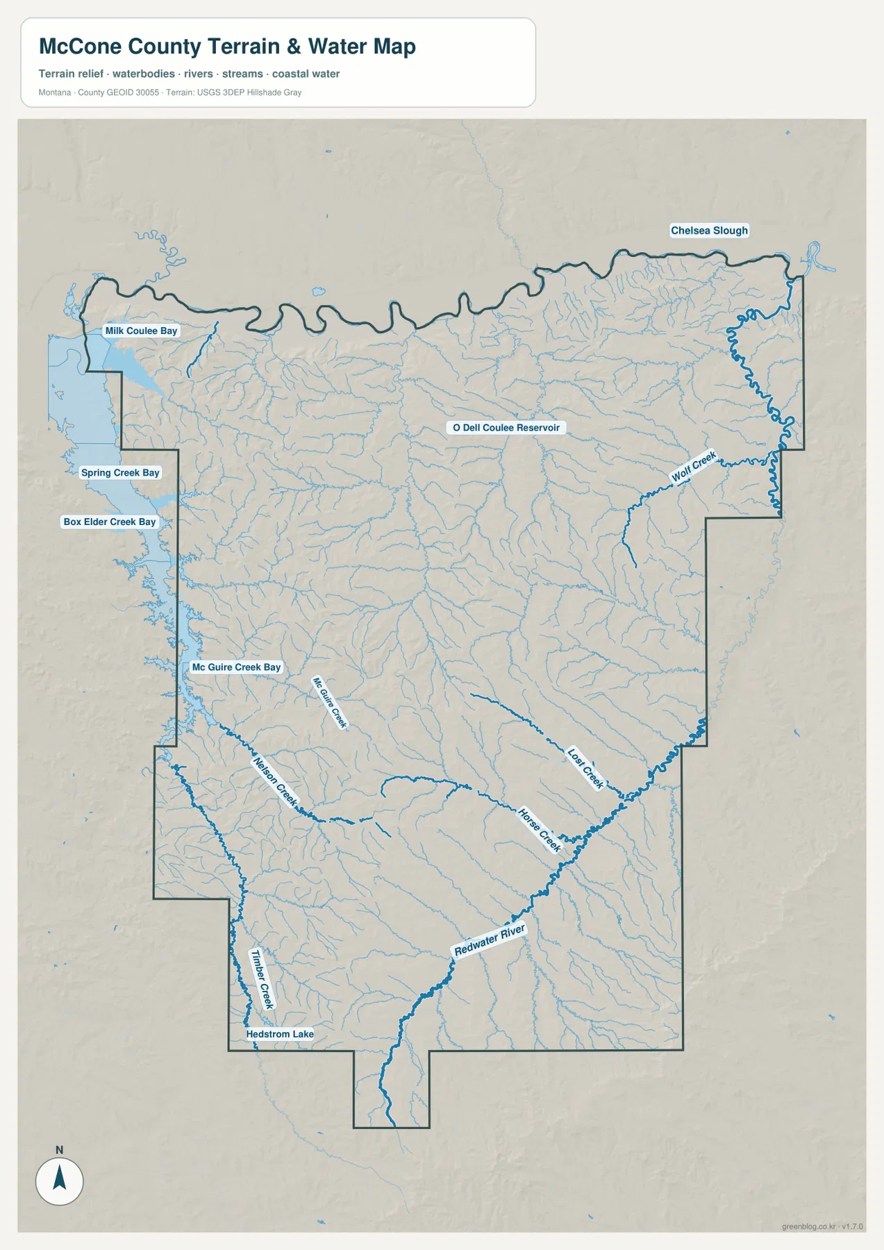 McCone County terrain and water map showing Redwater River, Wolf Creek, Lost Creek, Horse Creek, Mc Guire Creek, and reservoir bays