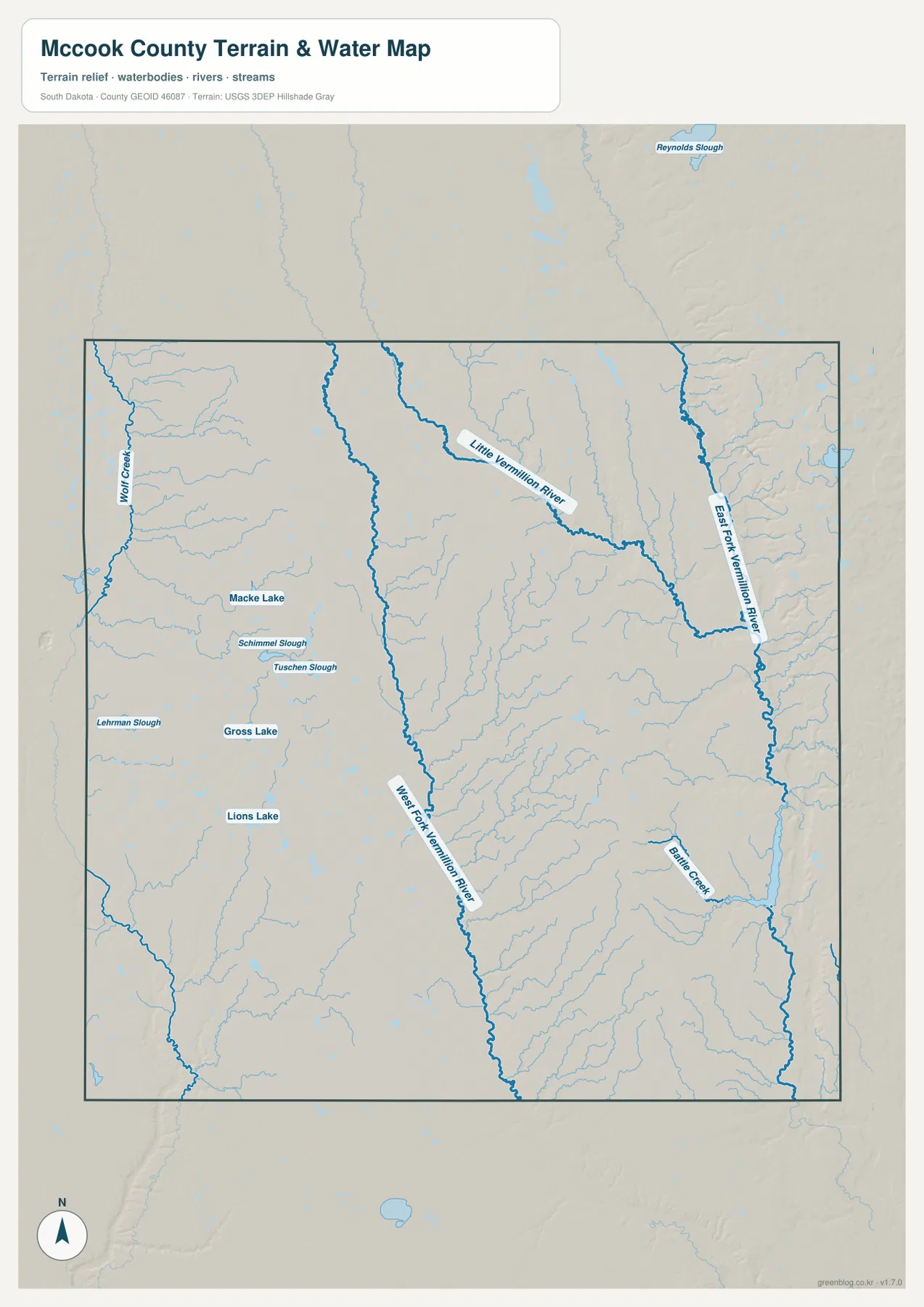 West Fork와 East Fork Vermillion River, Little Vermillion River, Wolf Creek, Battle Creek와 여러 호수가 표시된 맥쿡 카운티 수역 지도