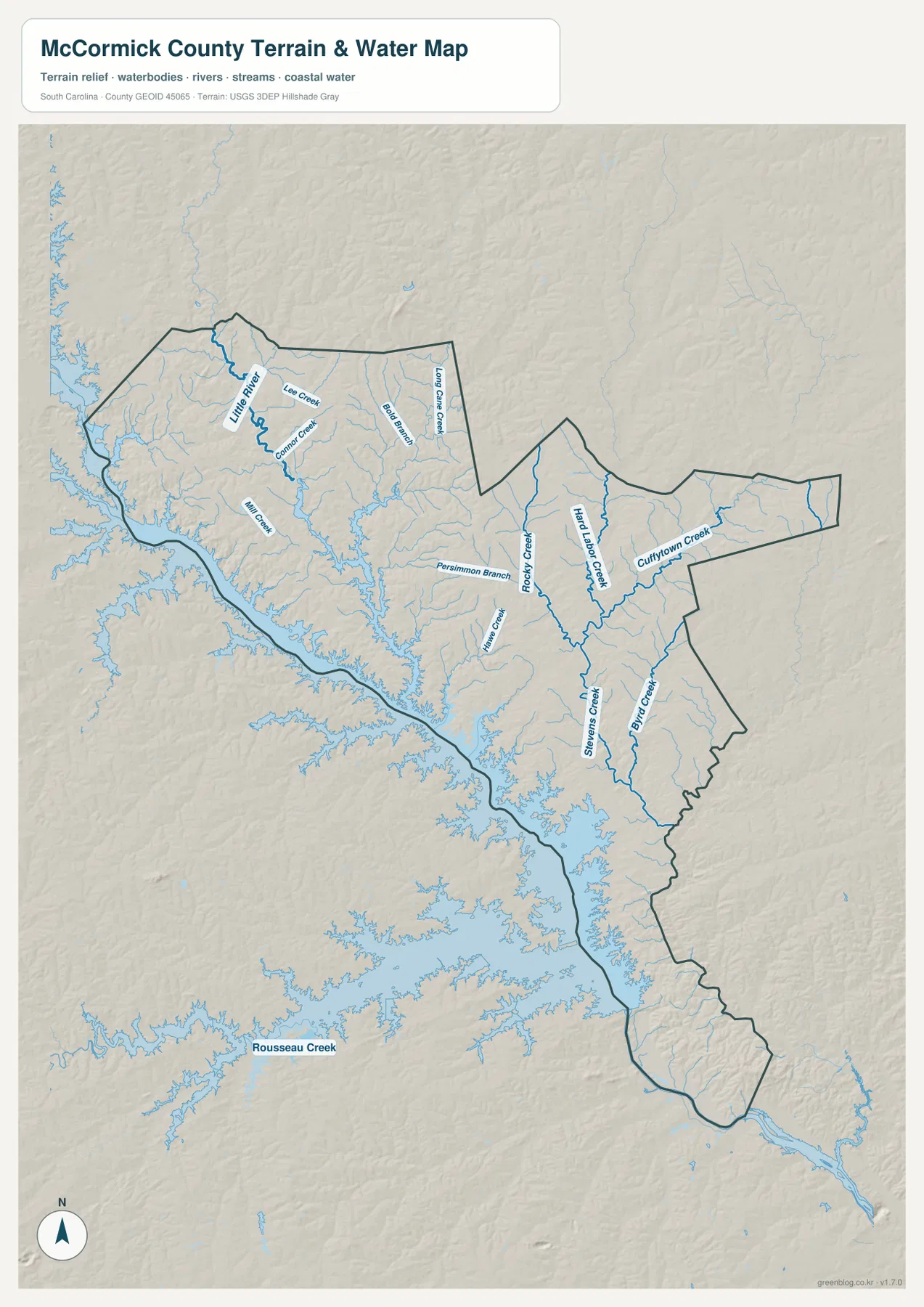 Little River, Long Cane Creek, Rocky Creek, Hard Labor Creek, Cuffytown Creek, Stevens Creek과 넓은 서쪽 수역을 표시한 매코믹 카운티 수역 지도