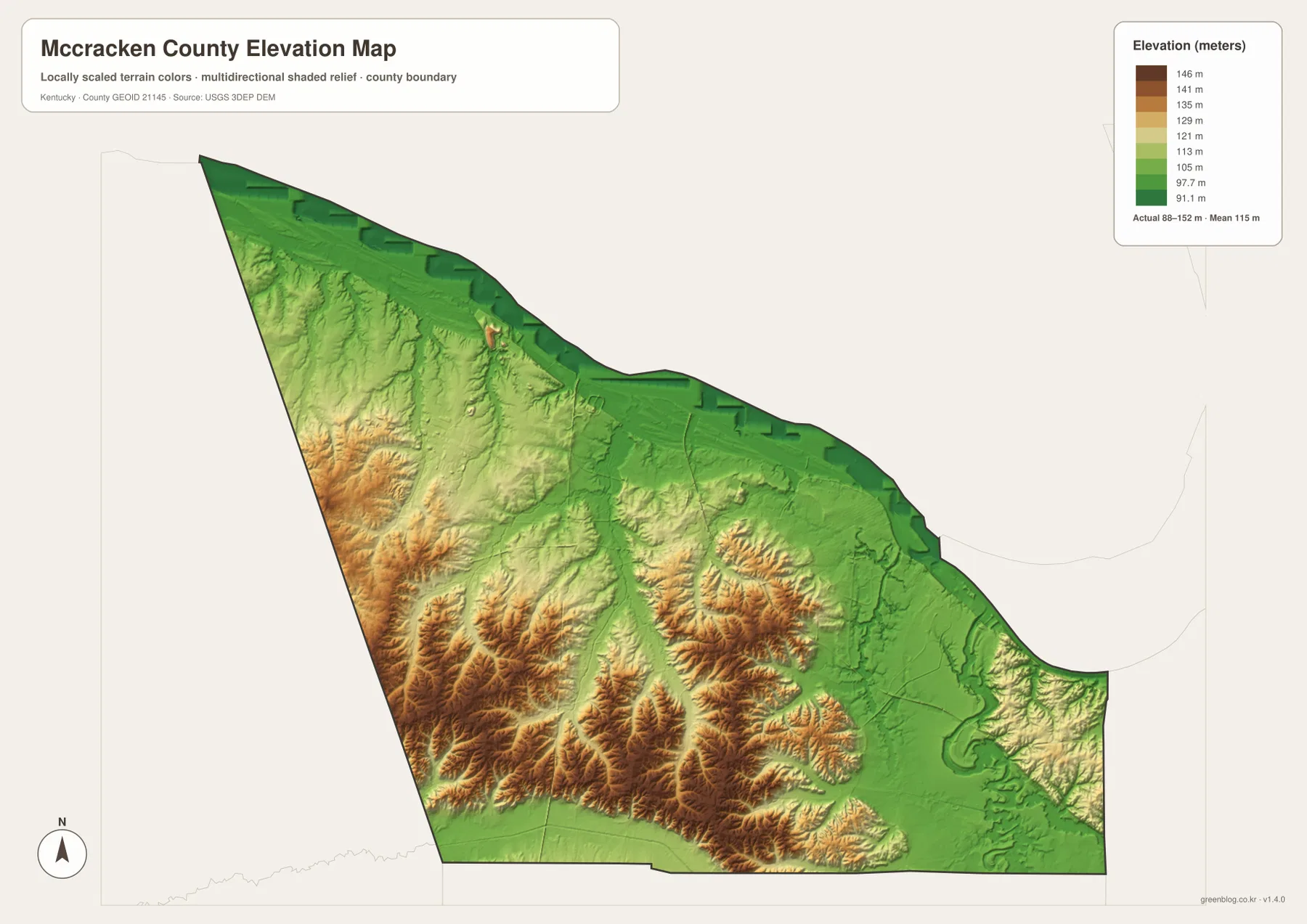McCracken County elevation map showing the 88 to 152 meter range, low Ohio and Tennessee river corridors, and higher southwestern hills