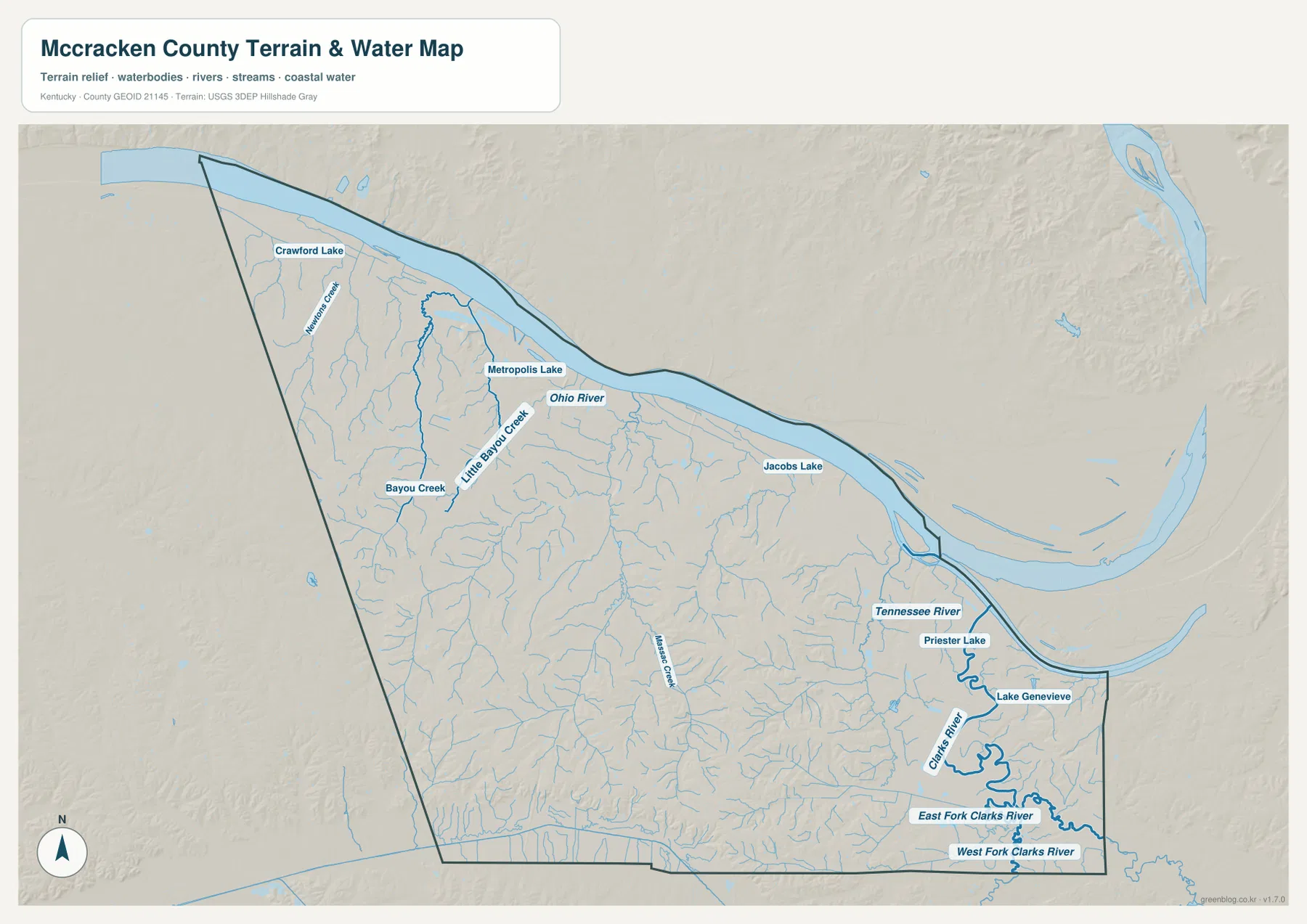 McCracken County terrain and water map showing the Ohio River, Tennessee River, Clarks River, East Fork and West Fork Clarks River, Bayou Creek, Massac Creek, and named lakes