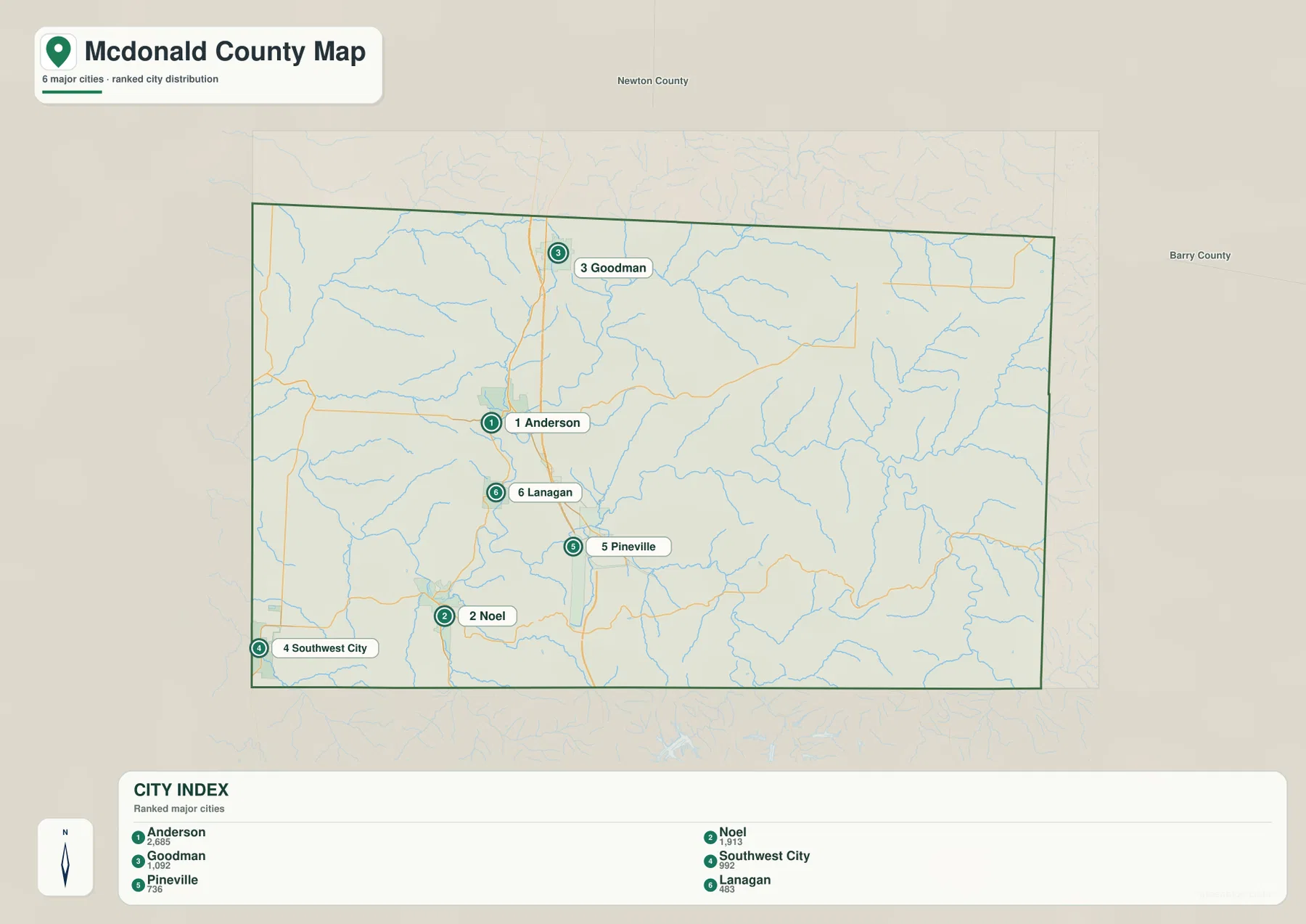 City map of McDonald County showing Anderson, Noel, Goodman, Southwest City, Pineville and Lanagan