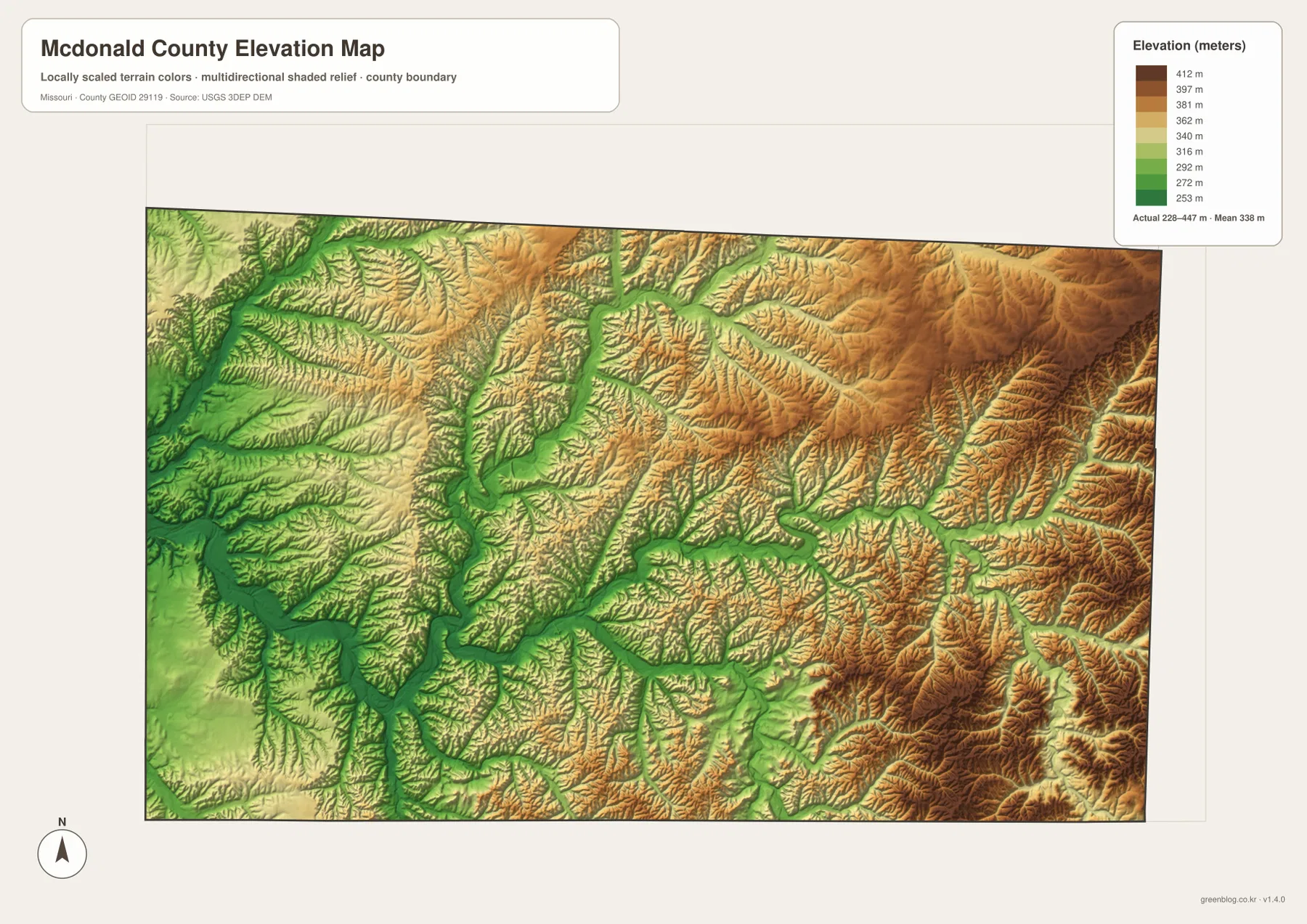 Elevation map of McDonald County showing a 228 to 447 meter range and higher Ozark ridges to the east