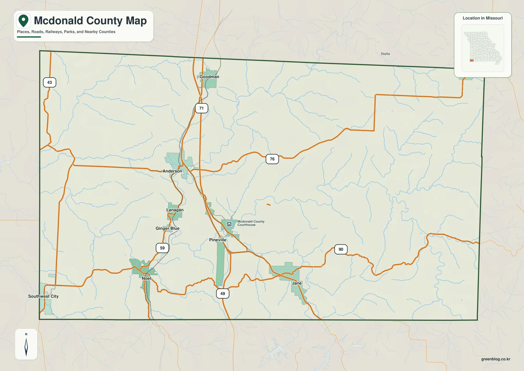 McDonald County map showing Pineville, Anderson, Goodman, Noel, U.S. 71 and state routes
