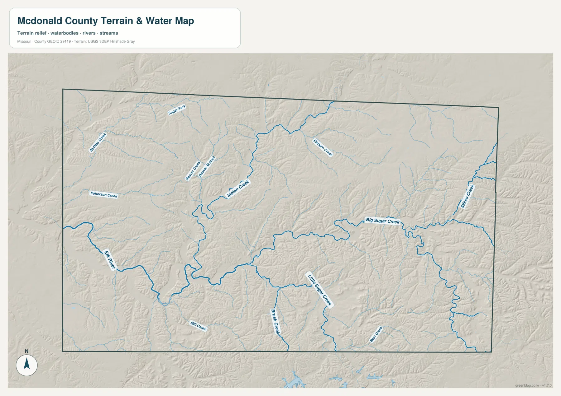 McDonald County terrain and water map with Elk River, Big Sugar Creek, Little Sugar Creek and tributaries