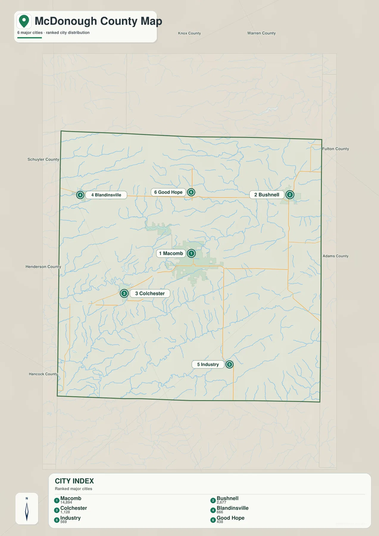 Macomb, Bushnell, Colchester, Blandinsville, Industry, Good Hope의 위치와 순위를 보여 주는 McDonough County 도시 지도