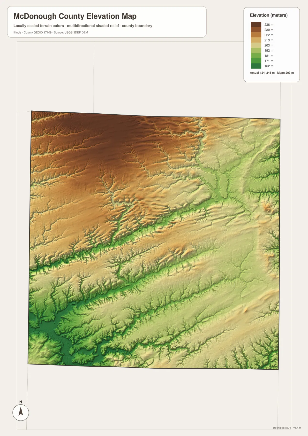124~245m 범위의 McDonough County 고도와 북서부 고지, La Moine River 및 East Fork 골짜기를 보여 주는 지도