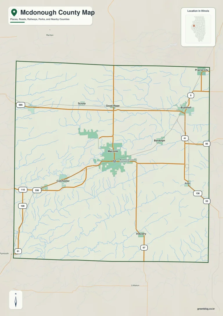 일리노이주 맥도너 카운티(McDonough County) 지도 – Macomb과 Argyle Lake, La Moine River 골짜기