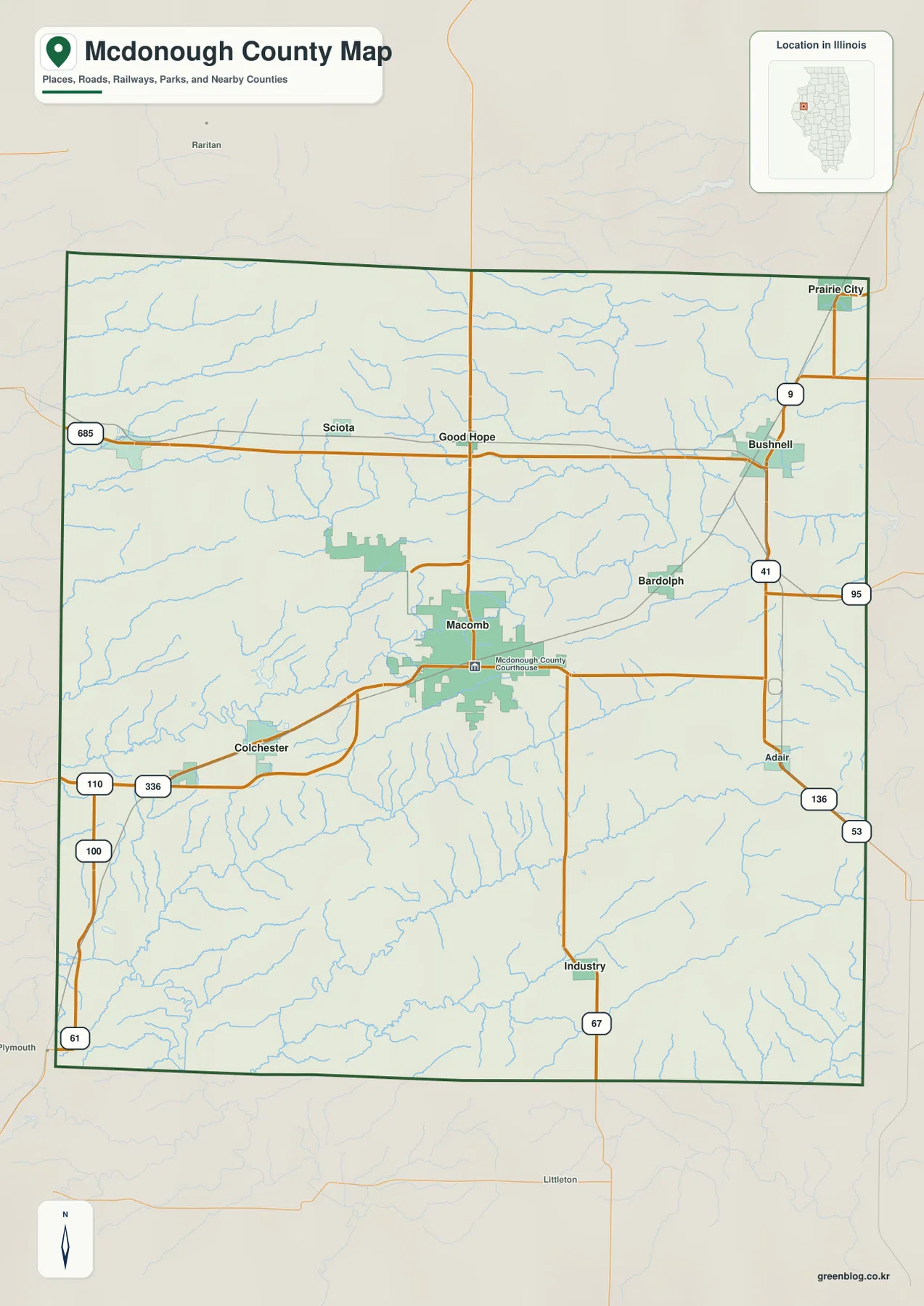 Macomb, Good Hope, Bushnell, Colchester, Industry와 주요 도로를 보여 주는 일리노이주 McDonough County 지도