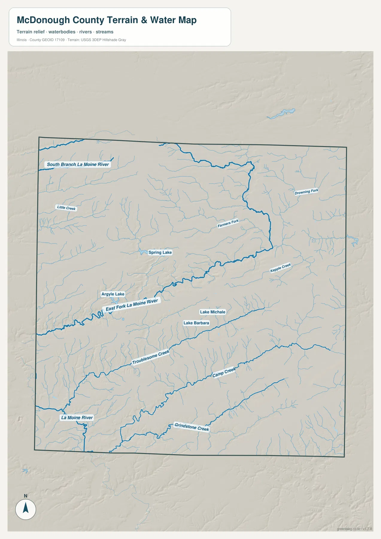 East Fork La Moine River, La Moine River, South Branch La Moine River, Argyle Lake, Spring Lake와 여러 지류를 보여 주는 McDonough County 수역 지도