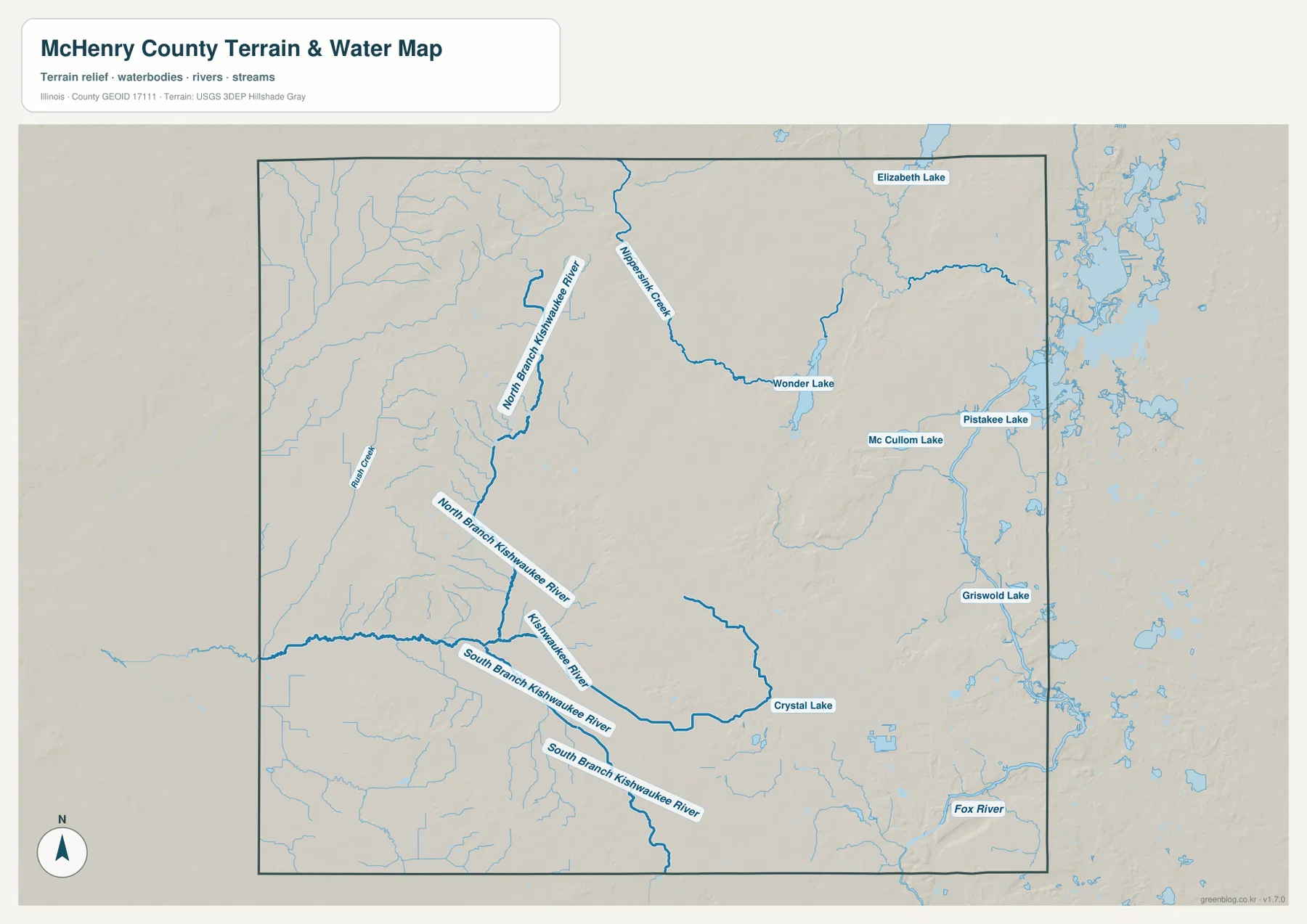Nippersink Creek, Wonder Lake, Fox River, Kishwaukee River 계열과 주요 호수를 보여 주는 McHenry County 수역 지도
