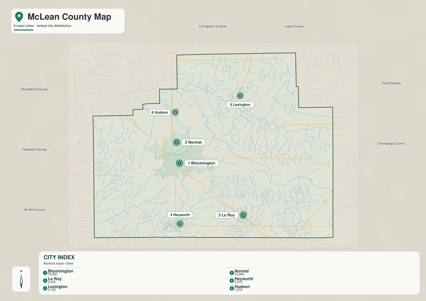 Ranked McLean County city map showing Bloomington, Normal, Le Roy, Heyworth, Lexington, and Hudson