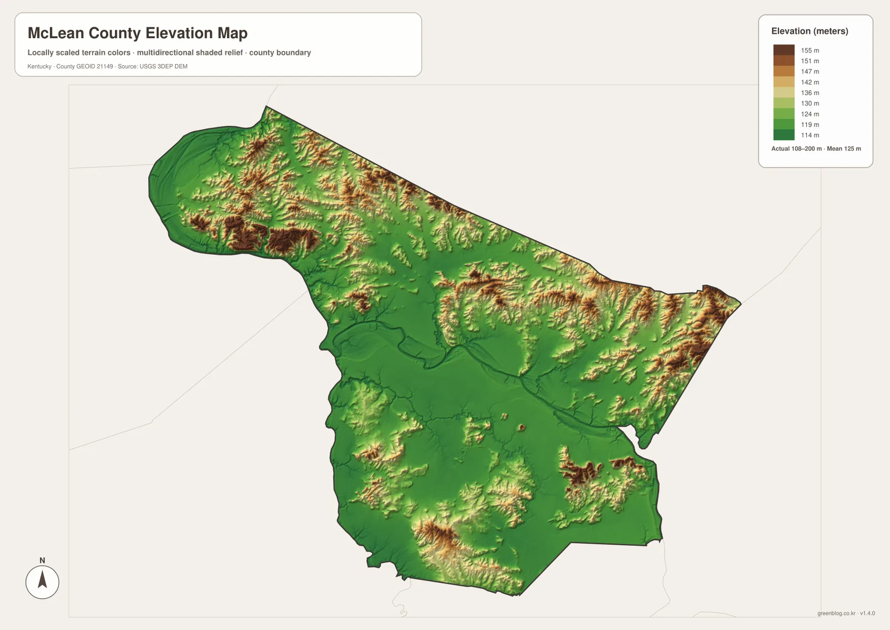 McLean County elevation map showing the 108 to 200 meter range, Green River lowlands, and higher northern and eastern ridges