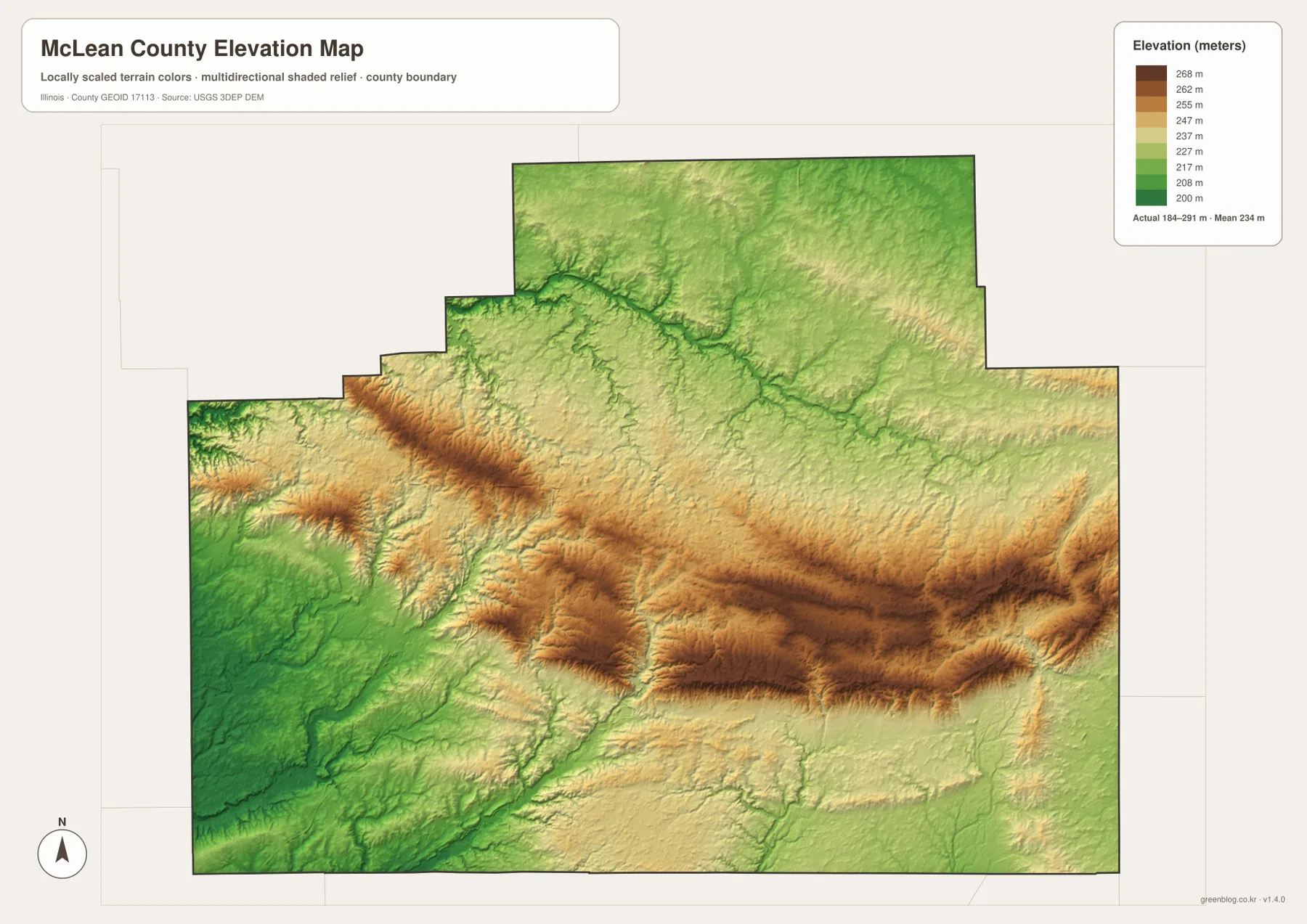 McLean County elevation map showing the 184 to 291 meter range, low Mackinaw River valley, higher south-central terrain, and lower southwest