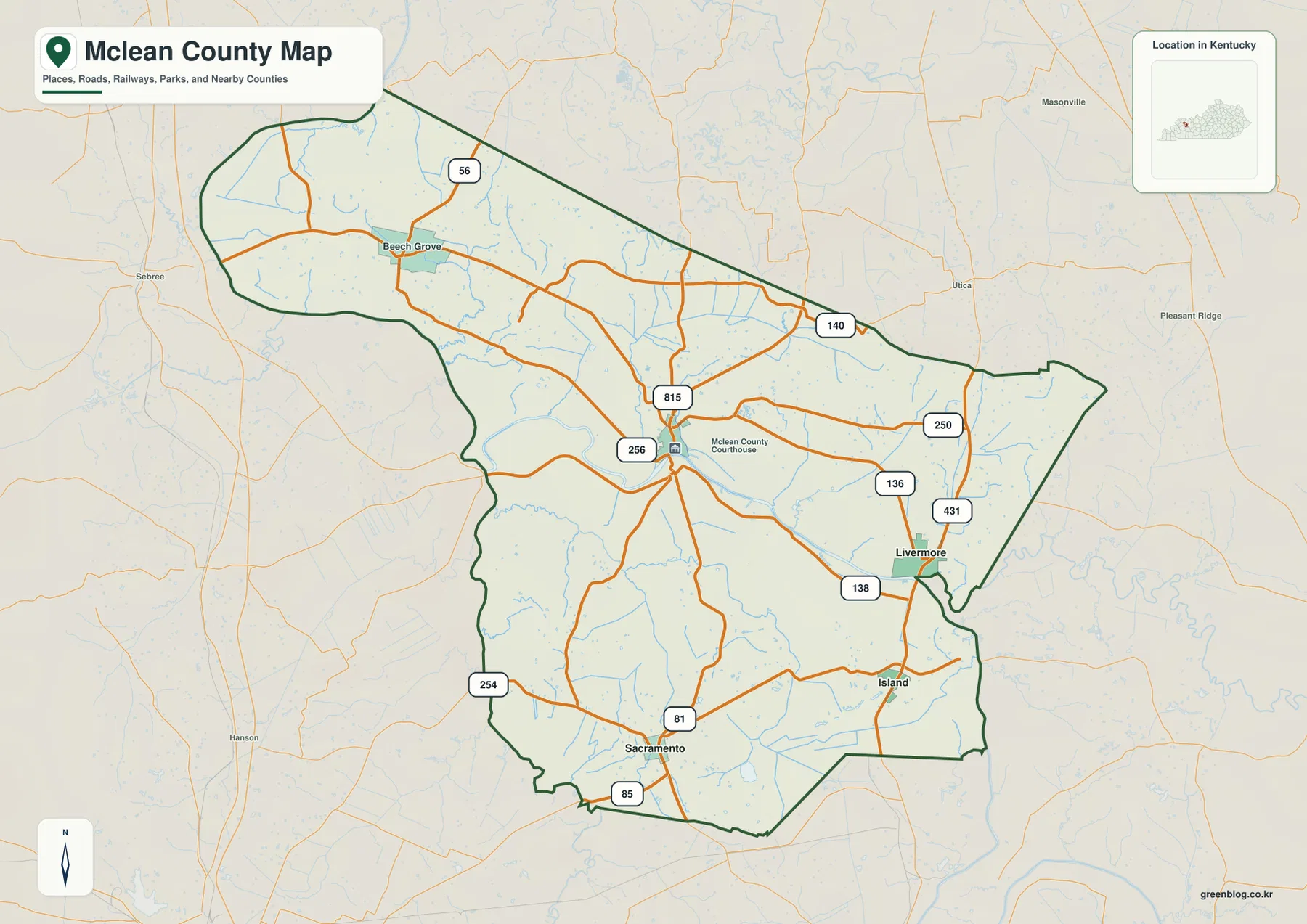 McLean County Kentucky map showing Calhoun, Livermore, Island, Sacramento, Beech Grove, major roads, and the county boundary