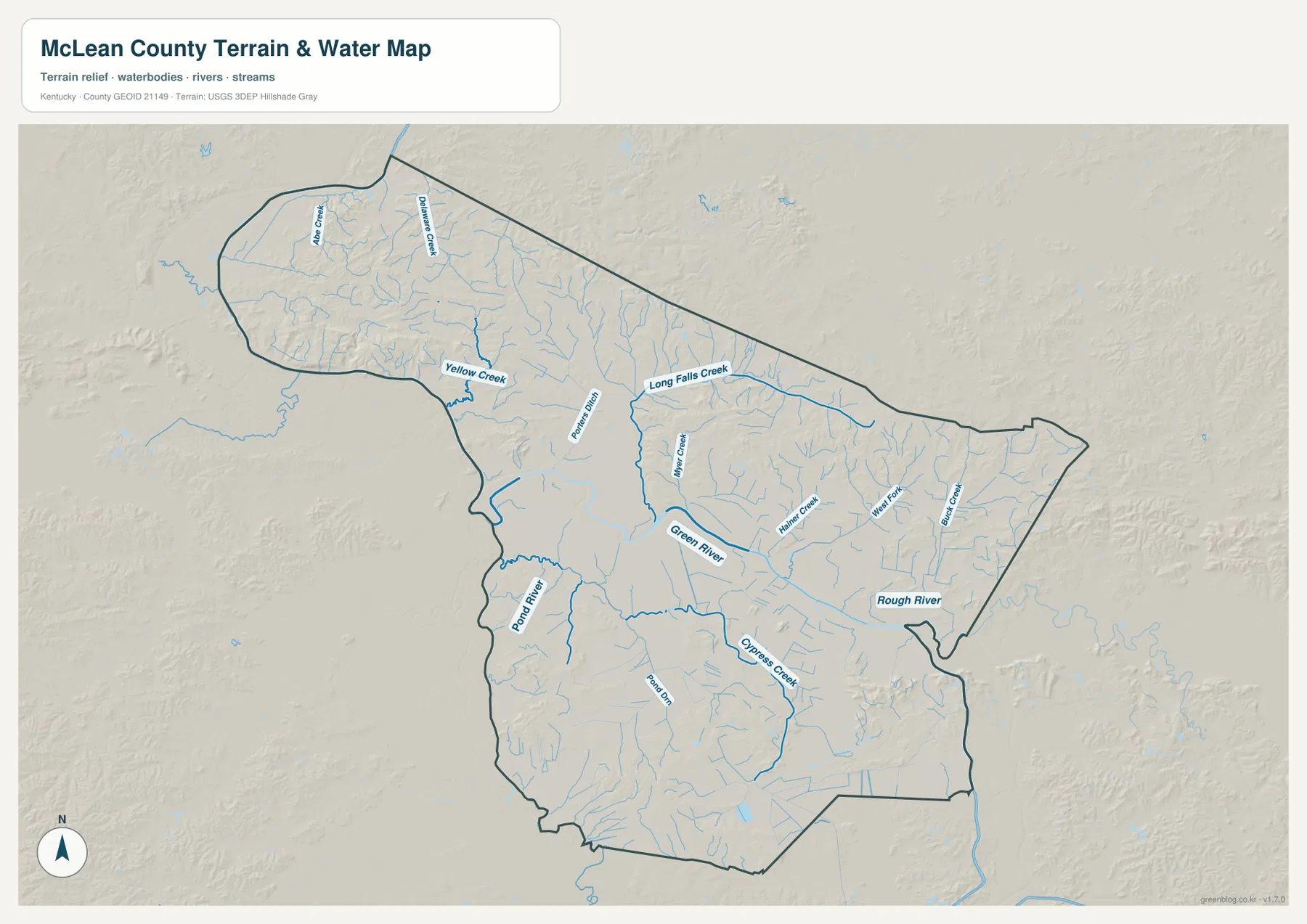 McLean County terrain and water map showing the Green River, Rough River, Pond River, Long Falls Creek, Cypress Creek, Yellow Creek, and other tributaries
