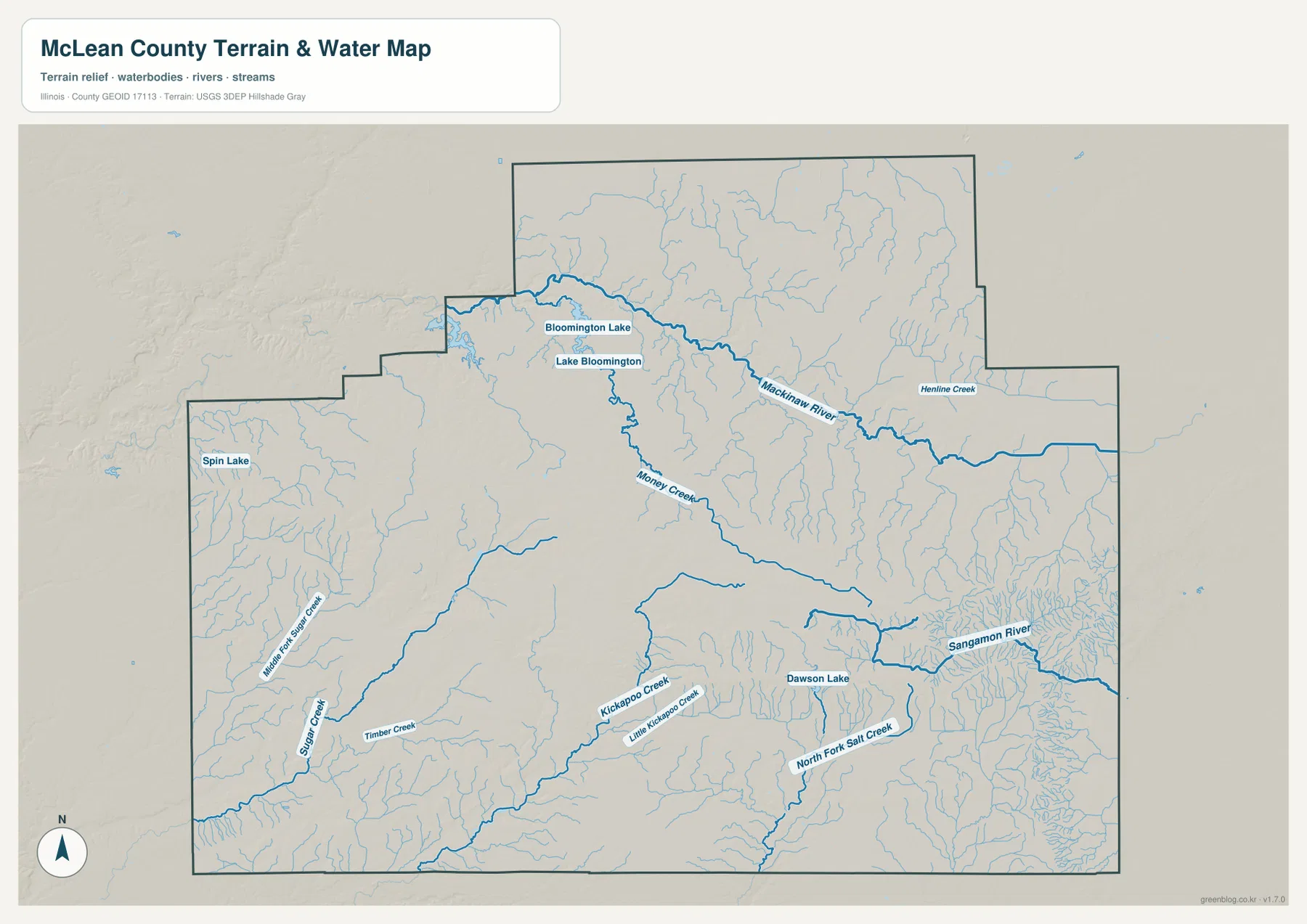 McLean County terrain and water map showing Mackinaw River, Lake Bloomington, Money Creek, Sangamon River, Sugar Creek, Kickapoo Creek, and Dawson Lake