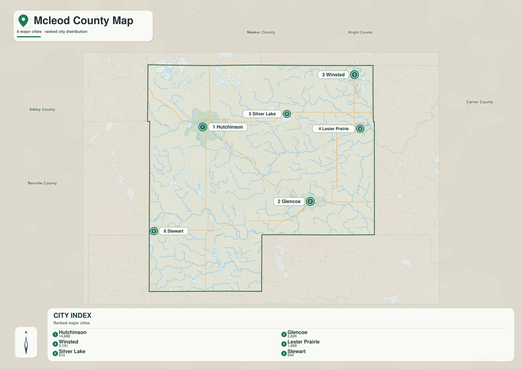 McLeod County Minnesota city distribution map showing six major communities