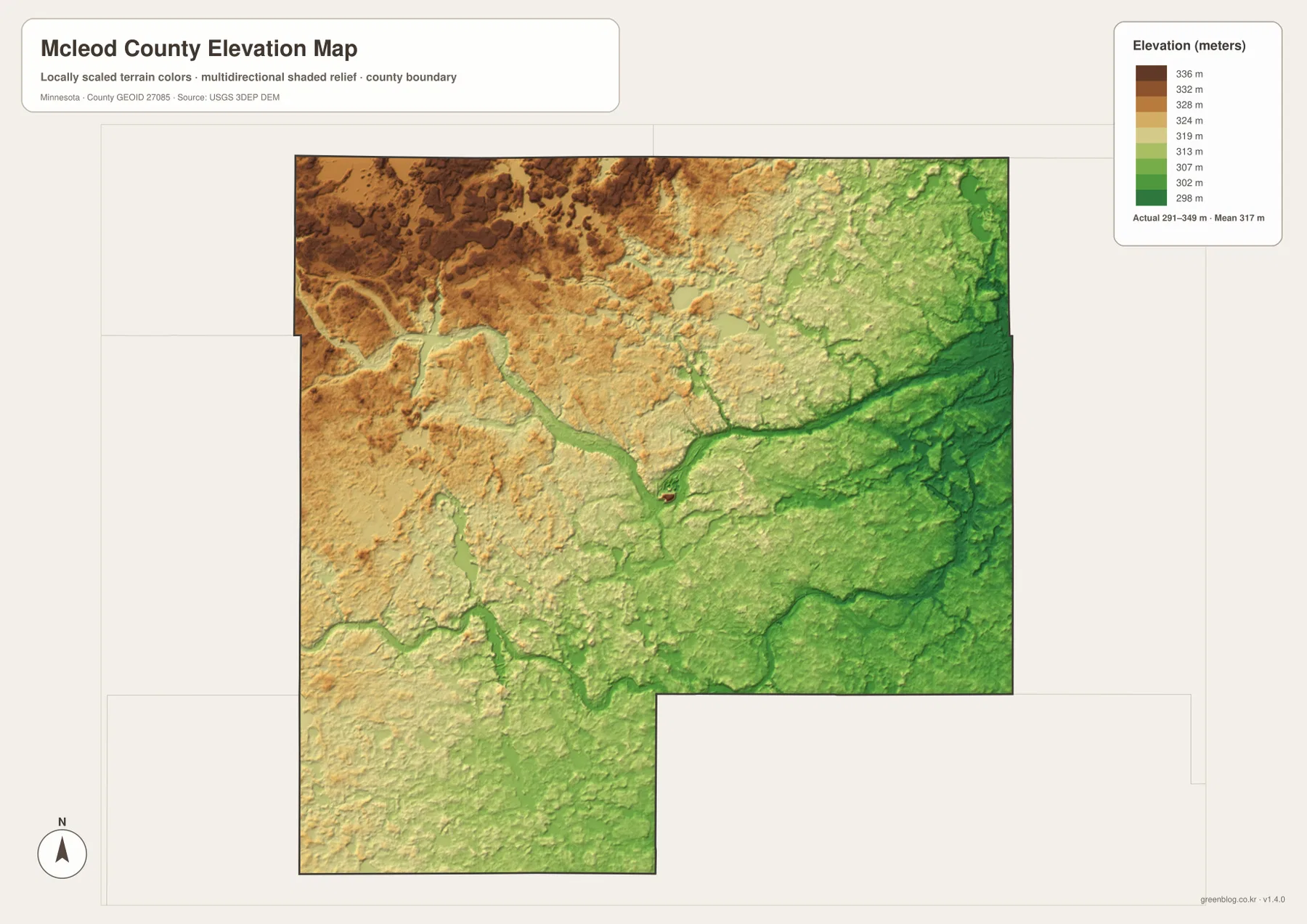 McLeod County Minnesota elevation map showing higher northwest terrain and lower southeast ground