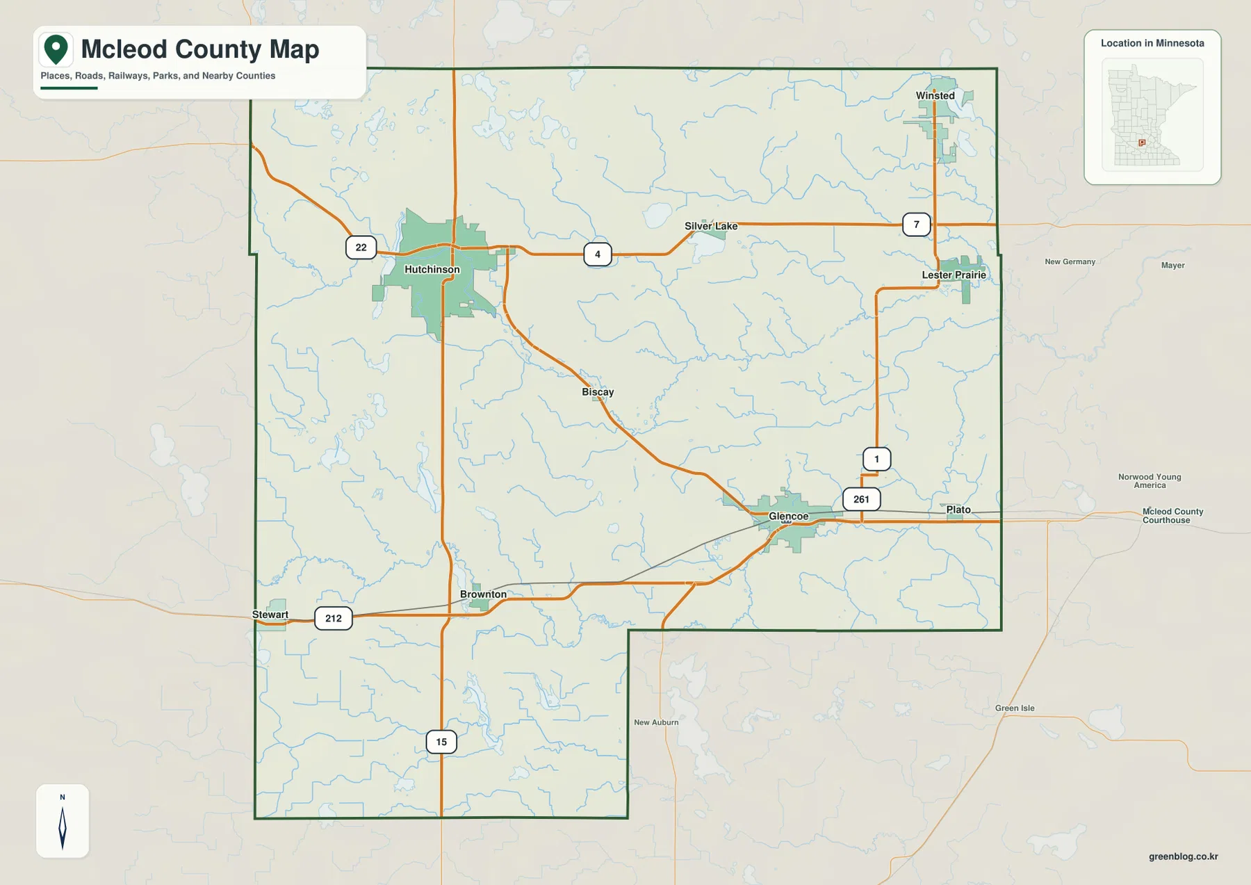 McLeod County Minnesota map with Hutchinson, Glencoe, roads, railways, and nearby places