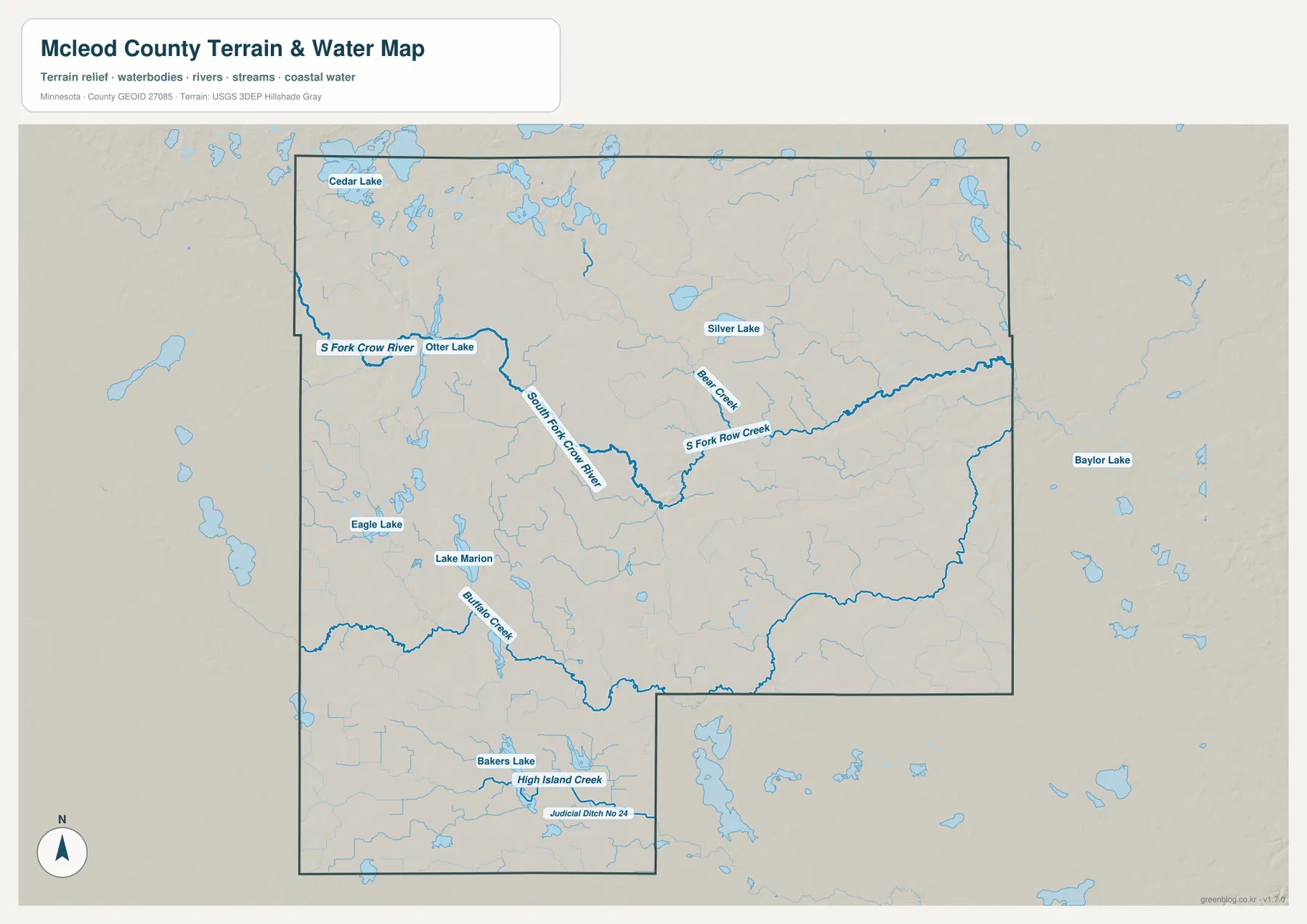 McLeod County Minnesota water map with the South Fork Crow River, lakes, and creeks