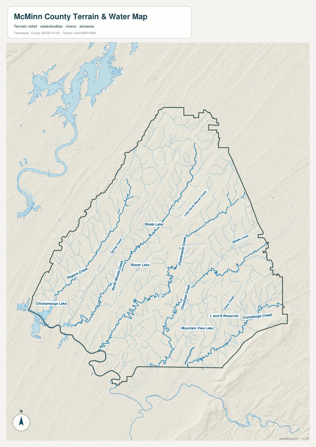 맥민 카운티 수역 지도 - Chickamauga Lake, North Mouse Creek, Oostanaula Creek, Conasauga Creek과 주요 호수